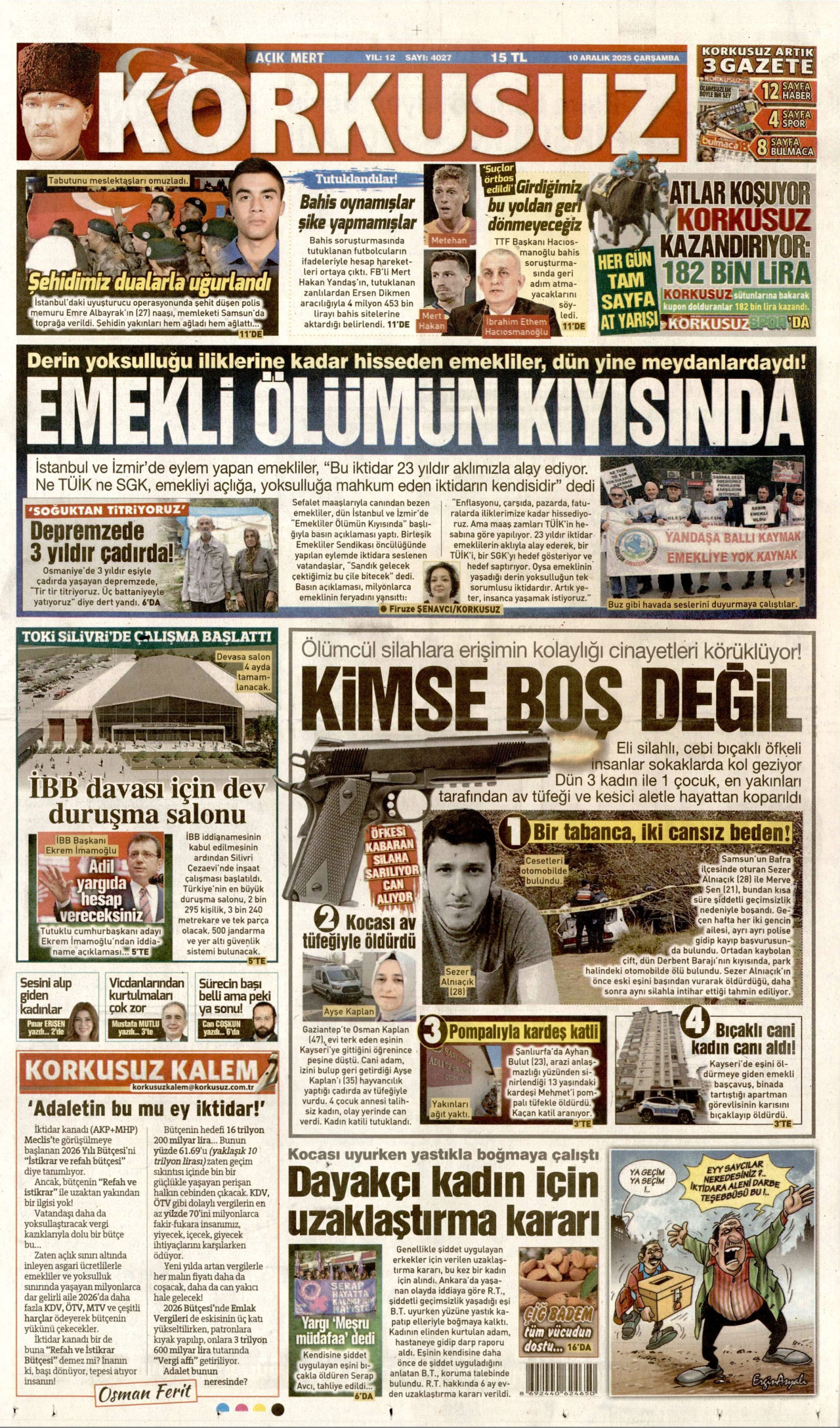 KORKUSUZ gazetesinin 10 Aralık 2025 tarihli birinci sayfası