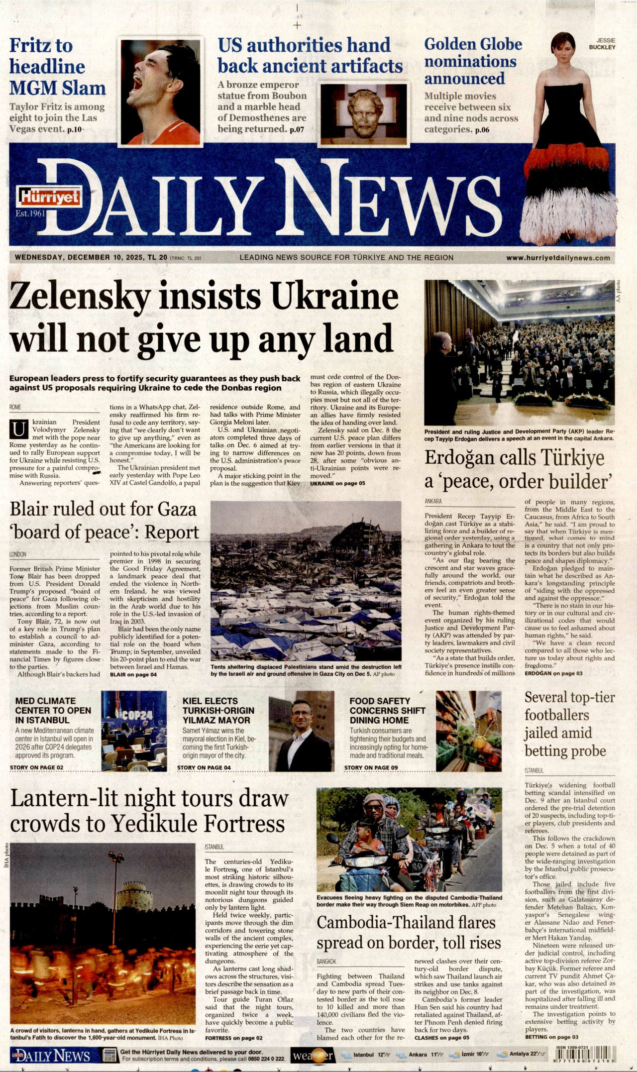 HÜRRİYET DAİLY NEWS gazetesinin 10 Aralık 2025 tarihli birinci sayfası