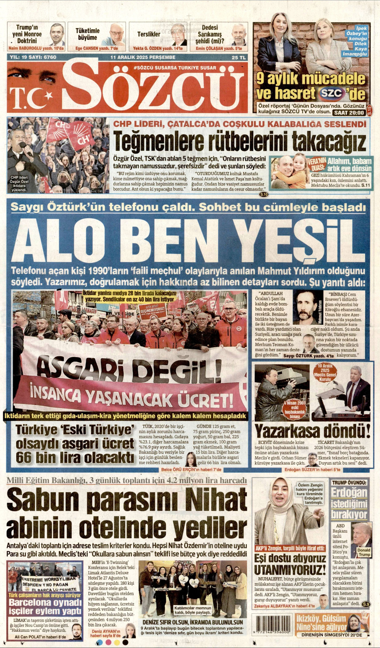 SÖZCÜ gazetesinin 11 Aralık 2025 tarihli birinci sayfası
