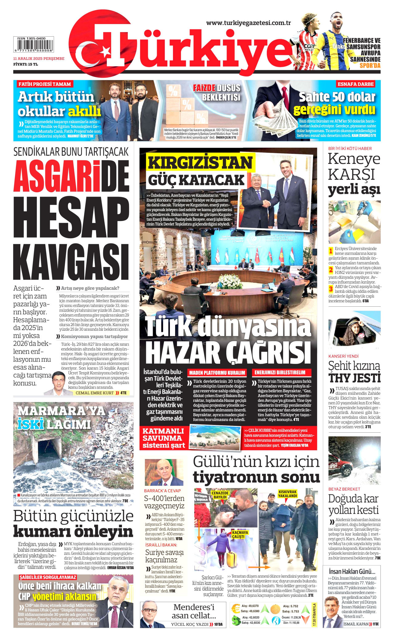 TÜRKİYE GAZETESİ gazetesinin 11 Aralık 2025 tarihli birinci sayfası