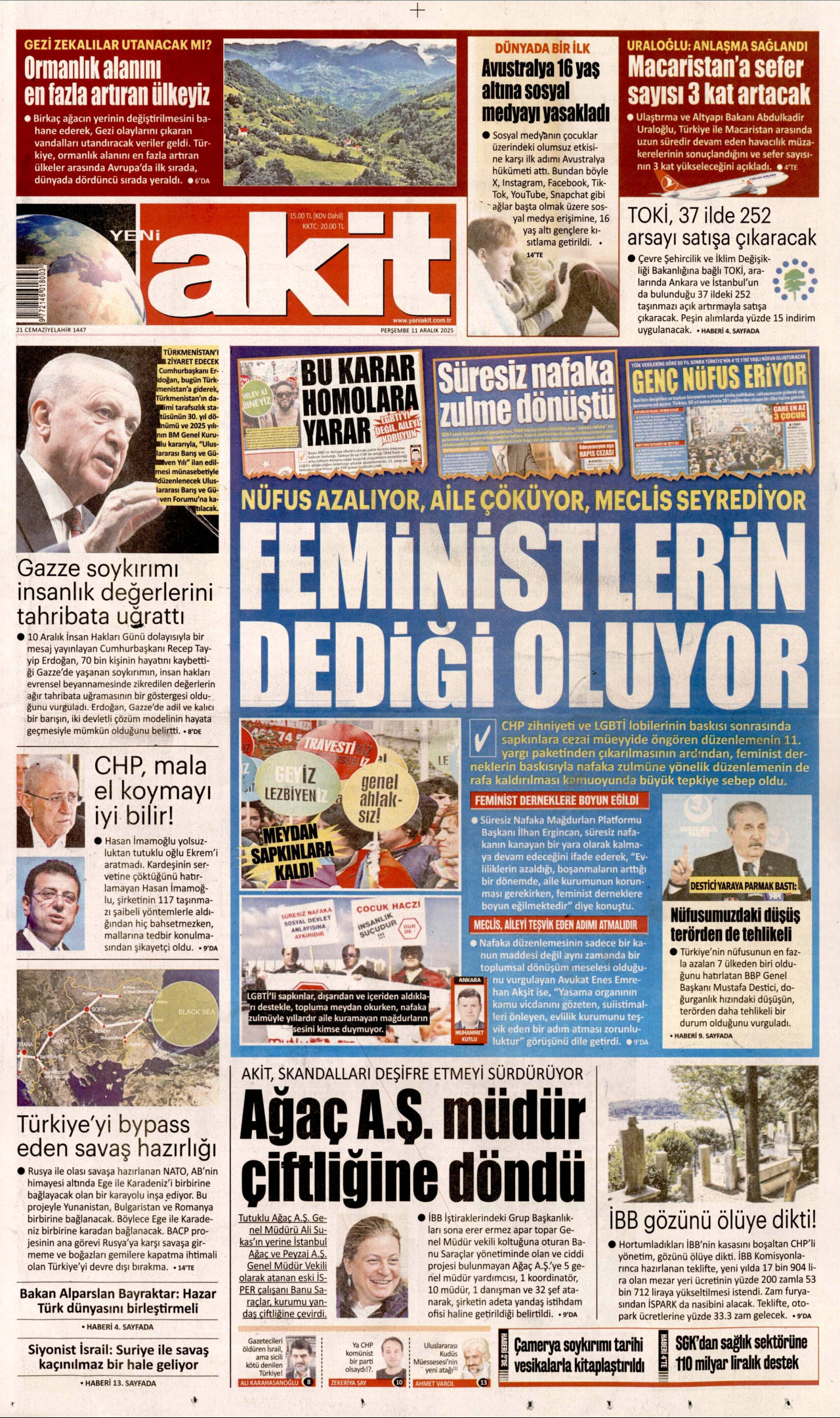 YENİ AKİT gazetesinin 11 Aralık 2025 tarihli birinci sayfası