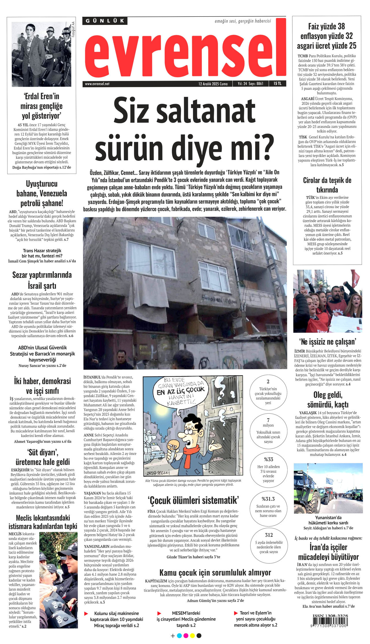 EVRENSEL gazetesinin 12 Aralık 2025 tarihli birinci sayfası