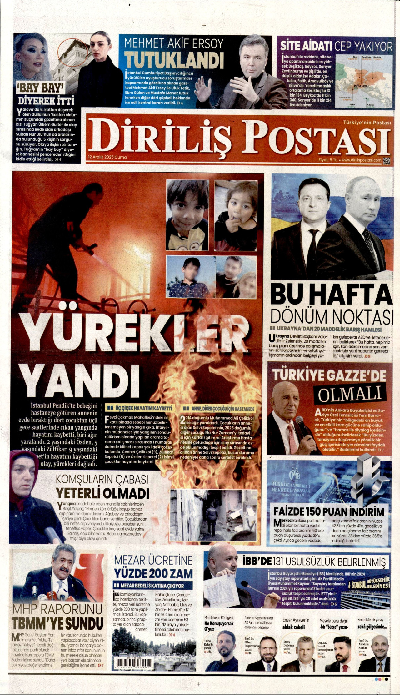 DİRİLİŞ POSTASI gazetesinin 12 Aralık 2025 tarihli birinci sayfası