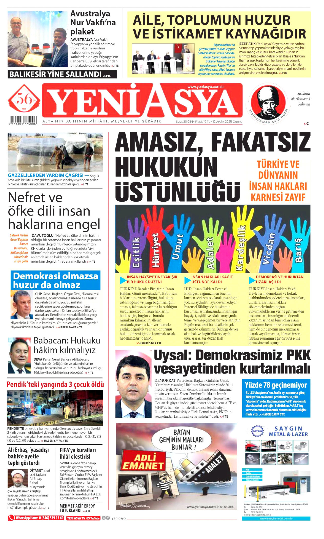 YENİ ASYA gazetesinin 12 Aralık 2025 tarihli birinci sayfası