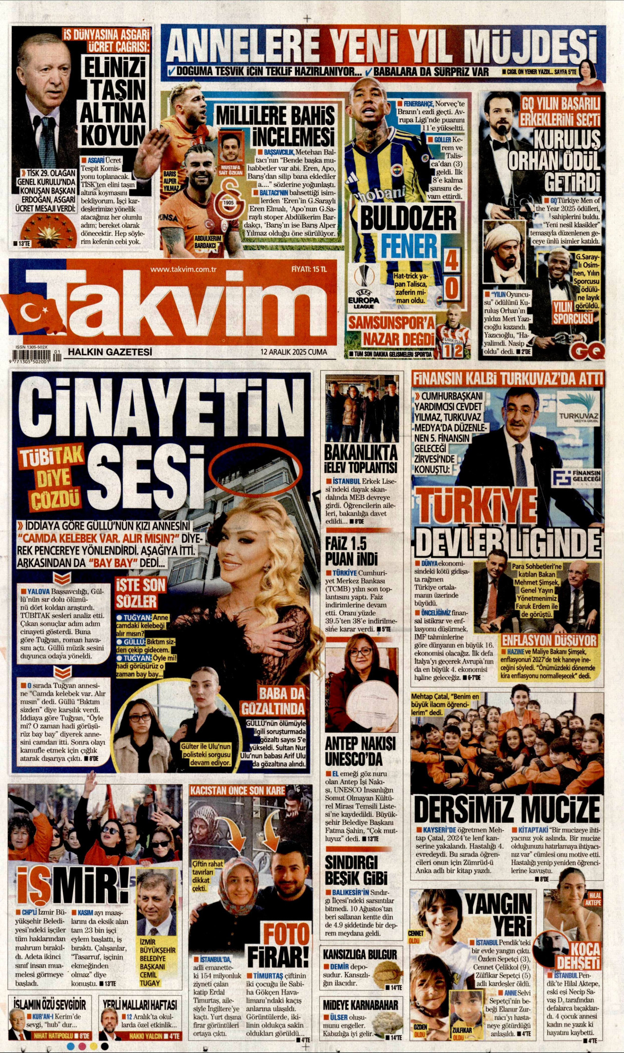 TAKVİM gazetesinin 12 Aralık 2025 tarihli birinci sayfası