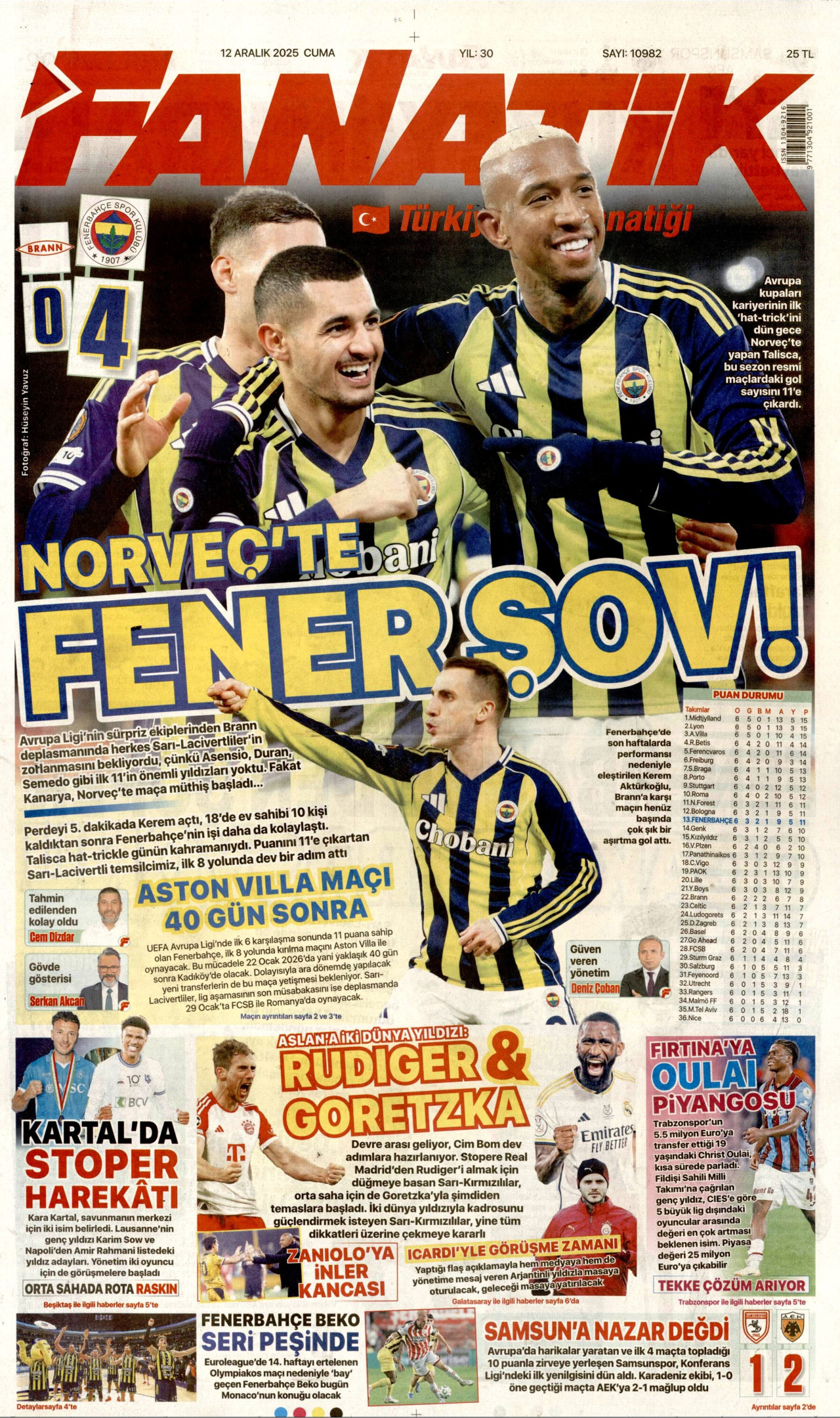 FANATİK gazetesinin 12 Aralık 2025 tarihli birinci sayfası