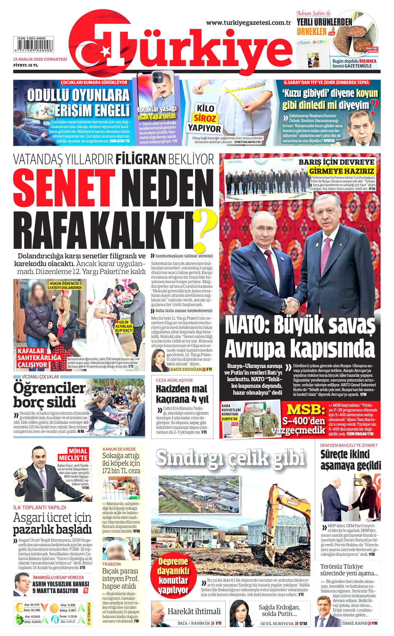 TÜRKİYE GAZETESİ gazetesinin 13 Aralık 2025 tarihli birinci sayfası