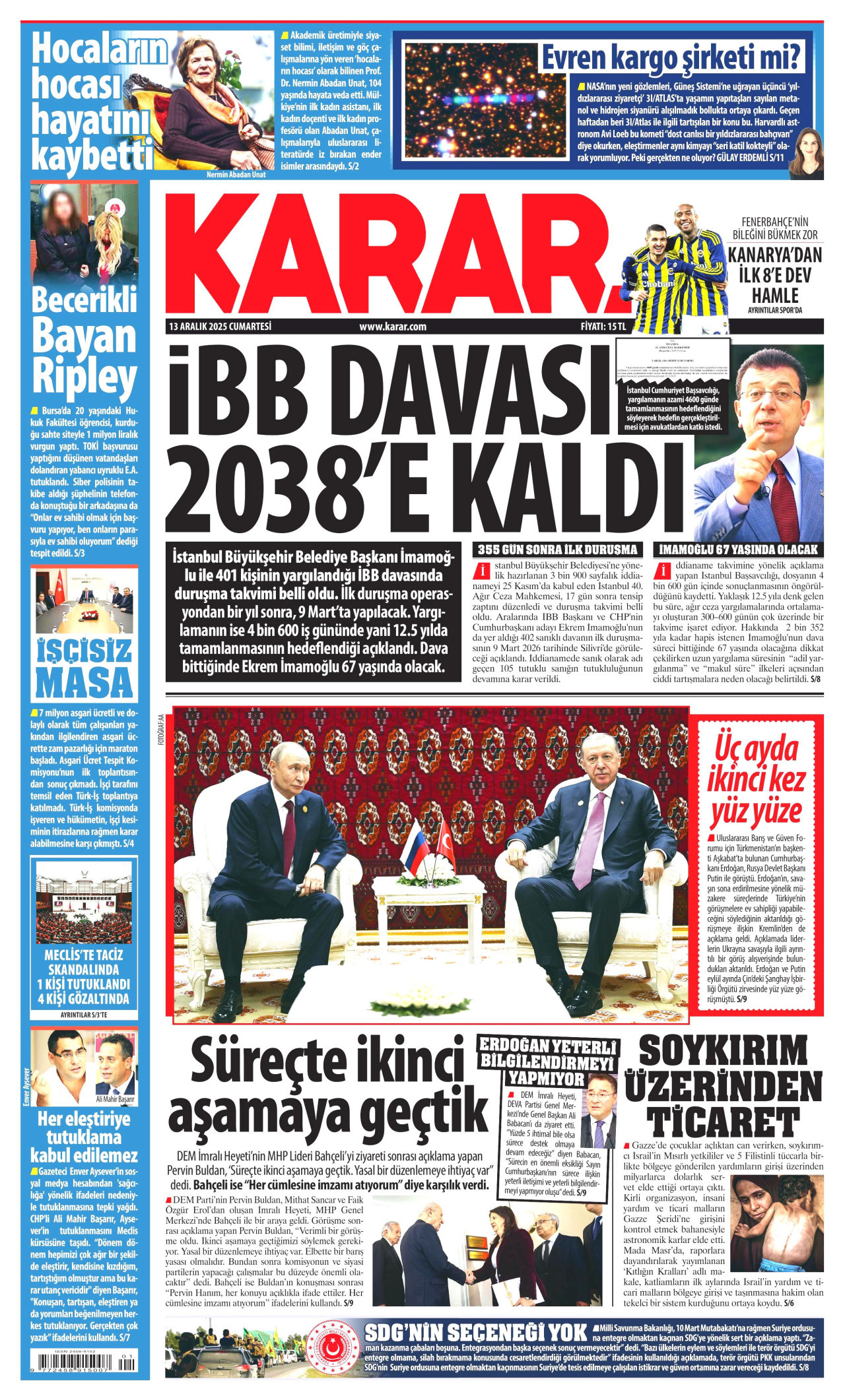 KARAR gazetesinin 13 Aralık 2025 tarihli birinci sayfası