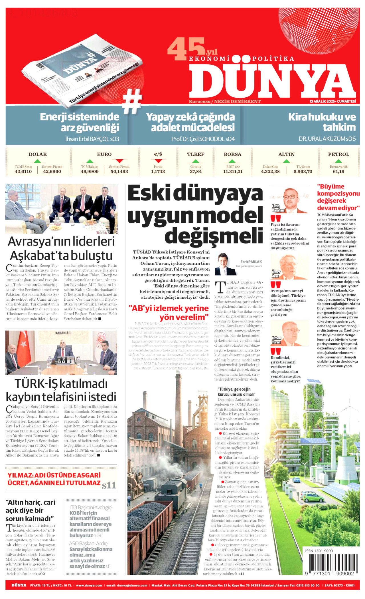 DÜNYA gazetesinin 13 Aralık 2025 tarihli birinci sayfası