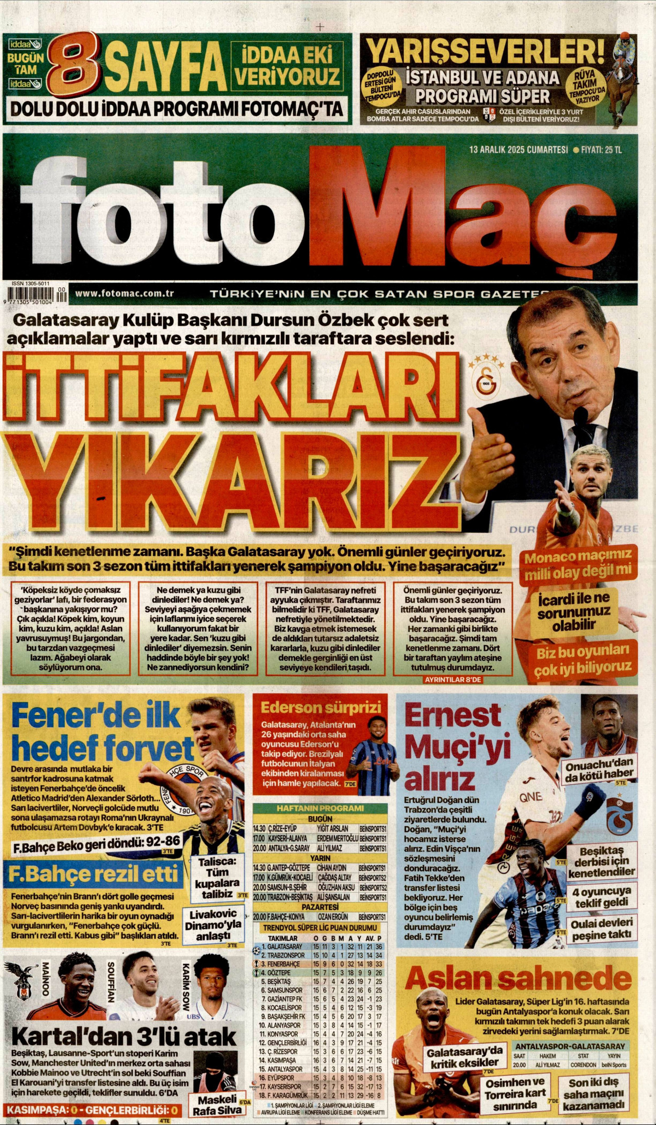 FOTOMAÇ gazetesinin 13 Aralık 2025 tarihli birinci sayfası