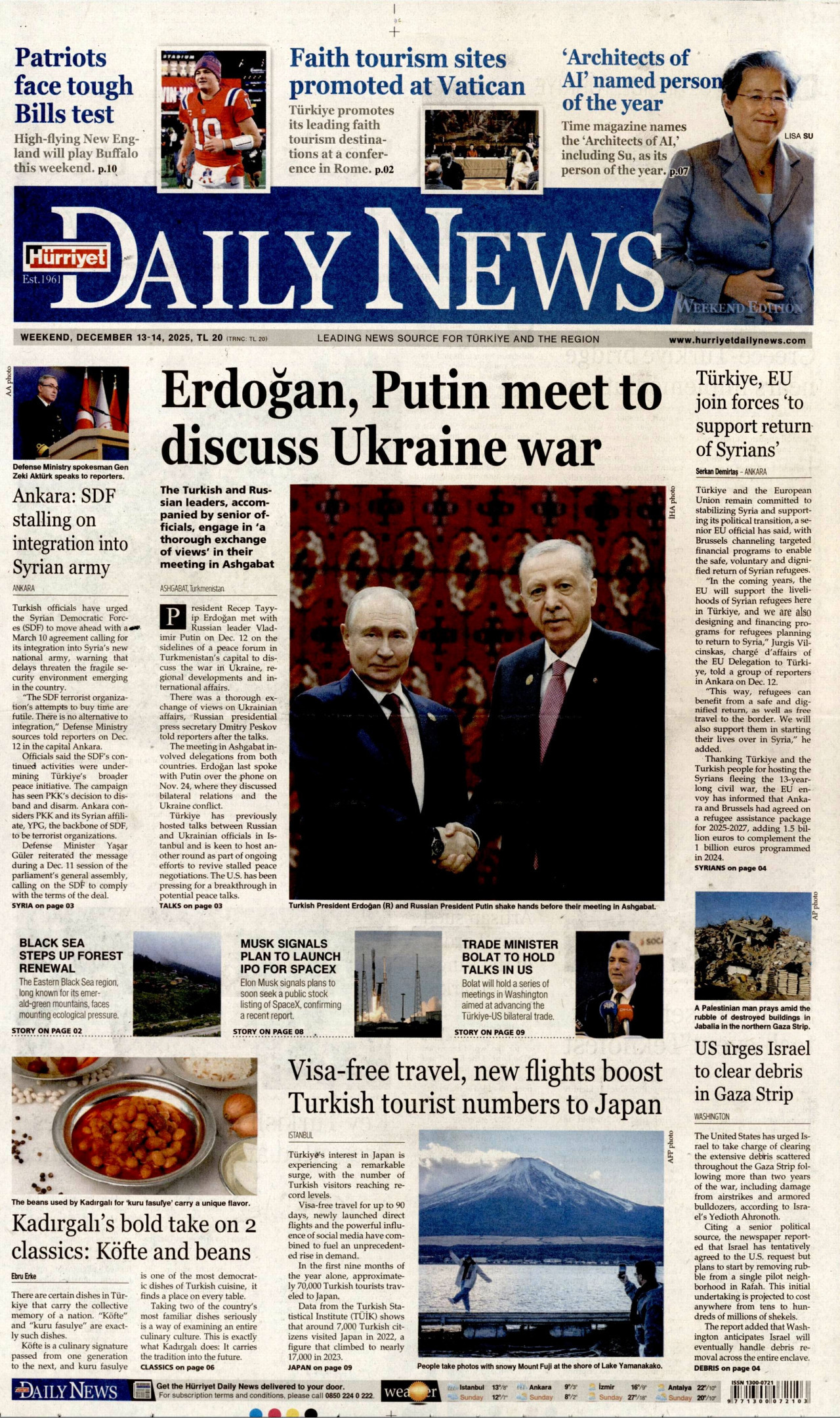 HÜRRİYET DAİLY NEWS gazetesinin 13 Aralık 2025 tarihli birinci sayfası