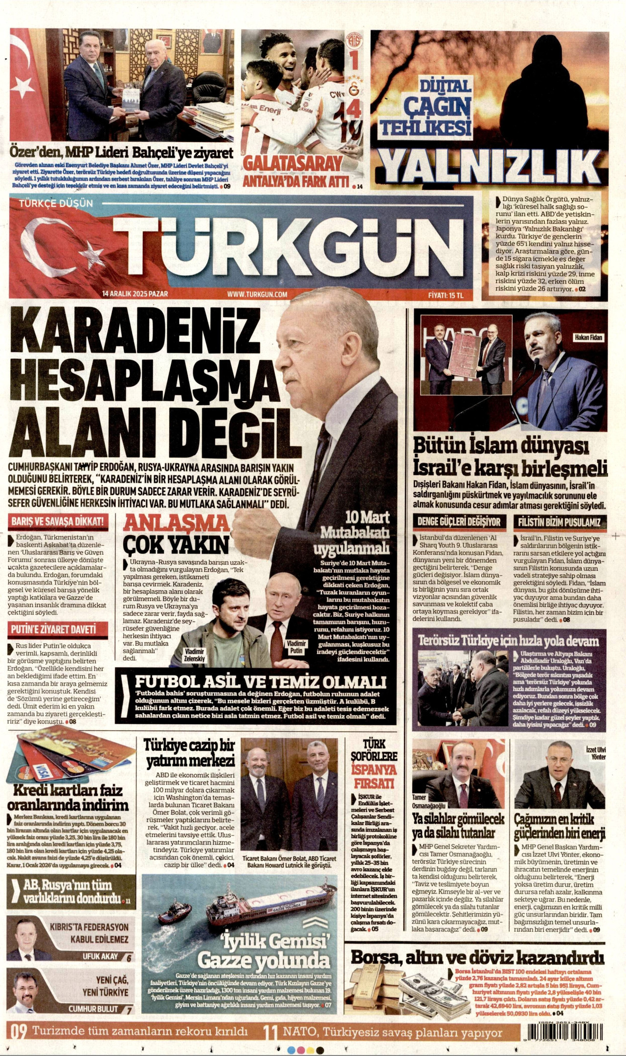 TÜRKGÜN gazetesinin 14 Aralık 2025 tarihli birinci sayfası