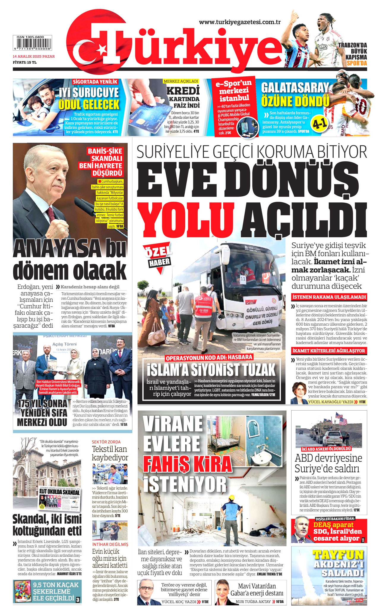 TÜRKİYE GAZETESİ gazetesinin 14 Aralık 2025 tarihli birinci sayfası