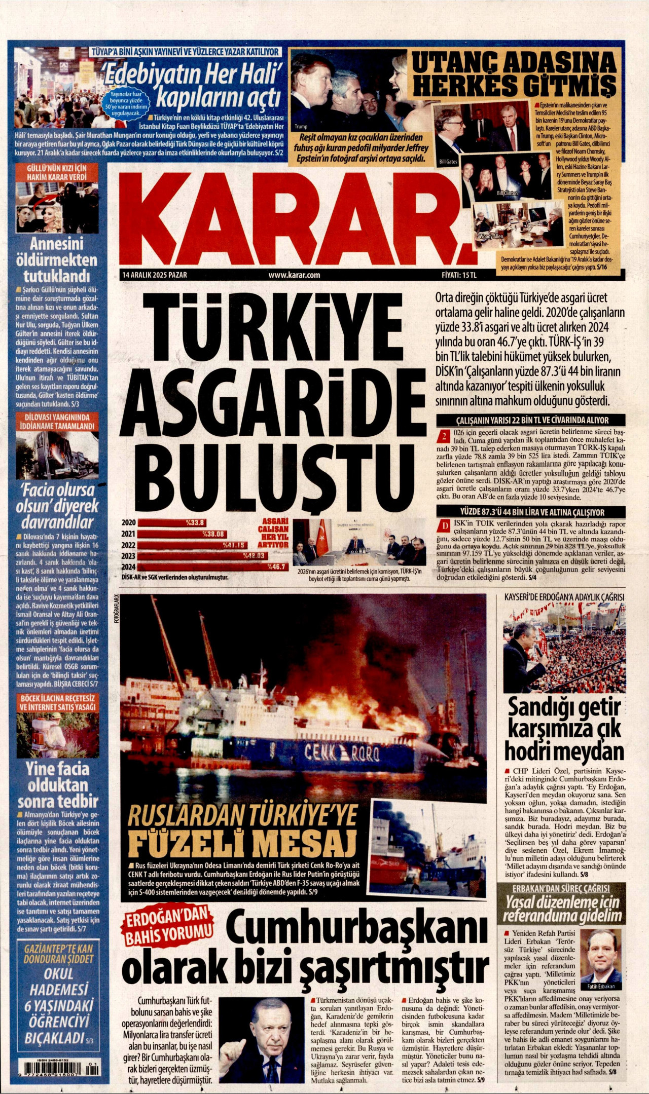KARAR gazetesinin 14 Aralık 2025 tarihli birinci sayfası