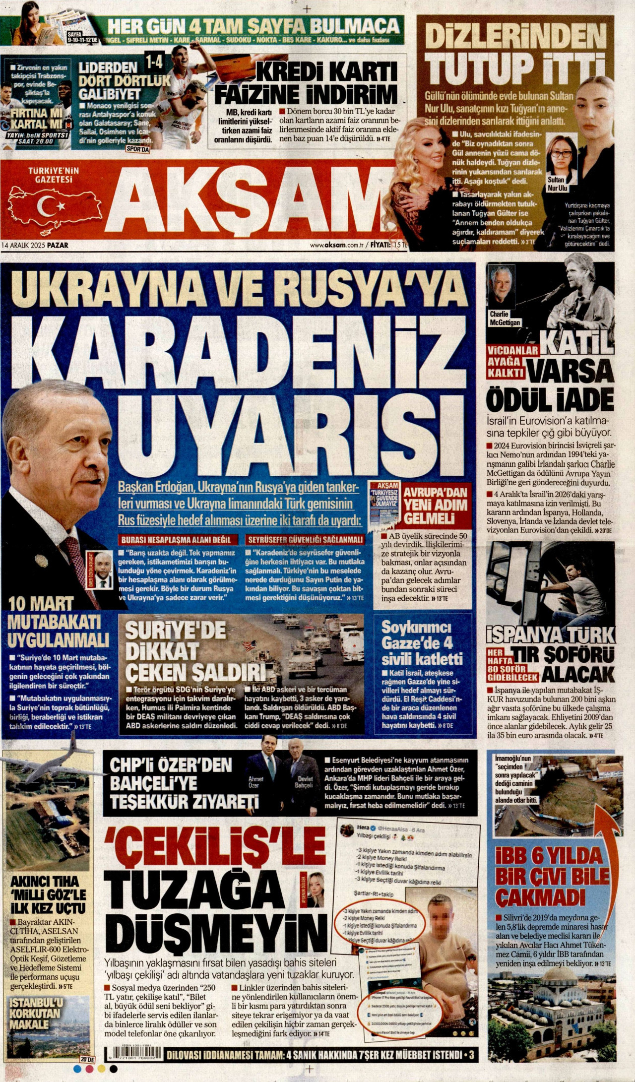 AKŞAM gazetesinin 14 Aralık 2025 tarihli birinci sayfası