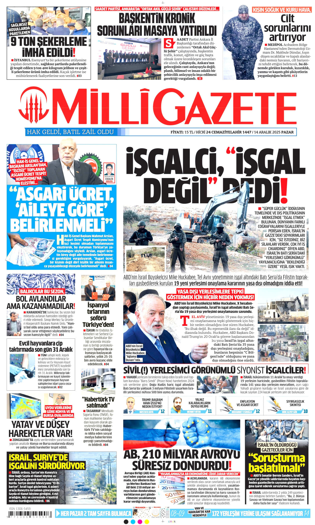 MİLLİ GAZETE gazetesinin 14 Aralık 2025 tarihli birinci sayfası