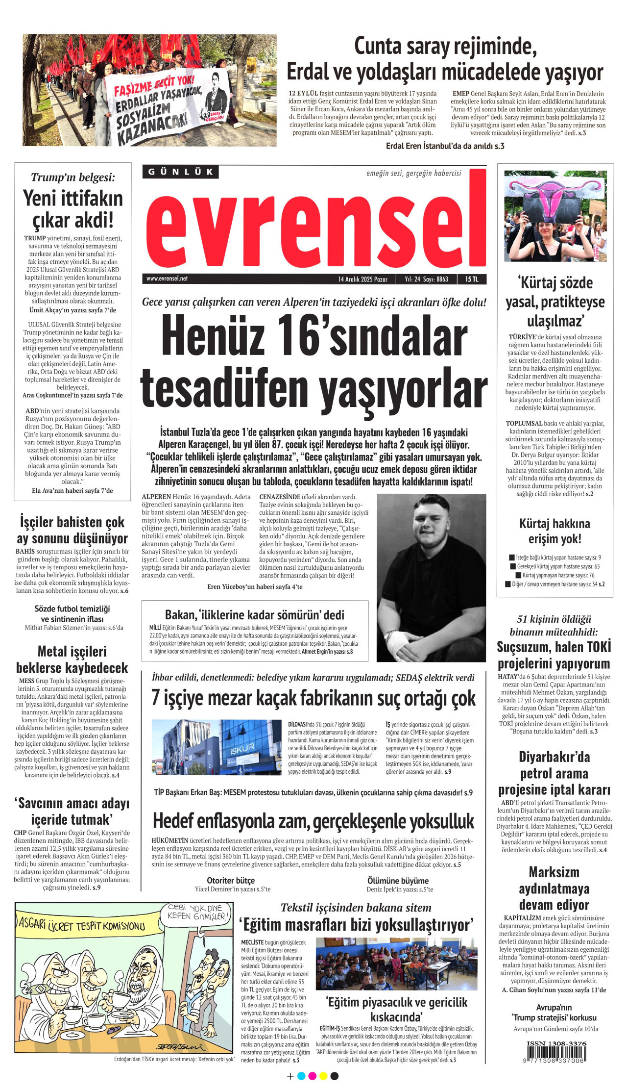 EVRENSEL gazetesinin 14 Aralık 2025 tarihli birinci sayfası