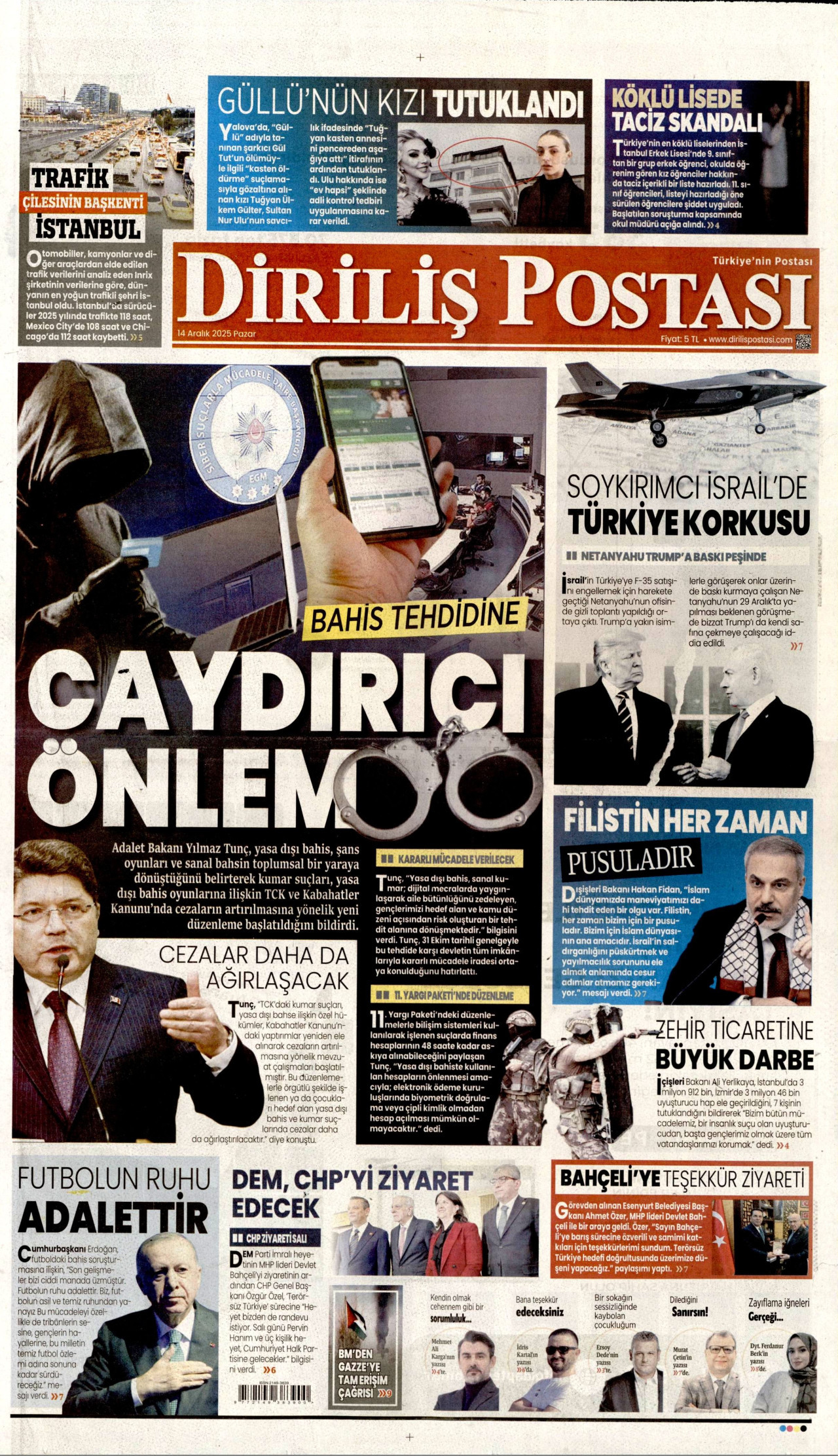 DİRİLİŞ POSTASI gazetesinin 14 Aralık 2025 tarihli birinci sayfası