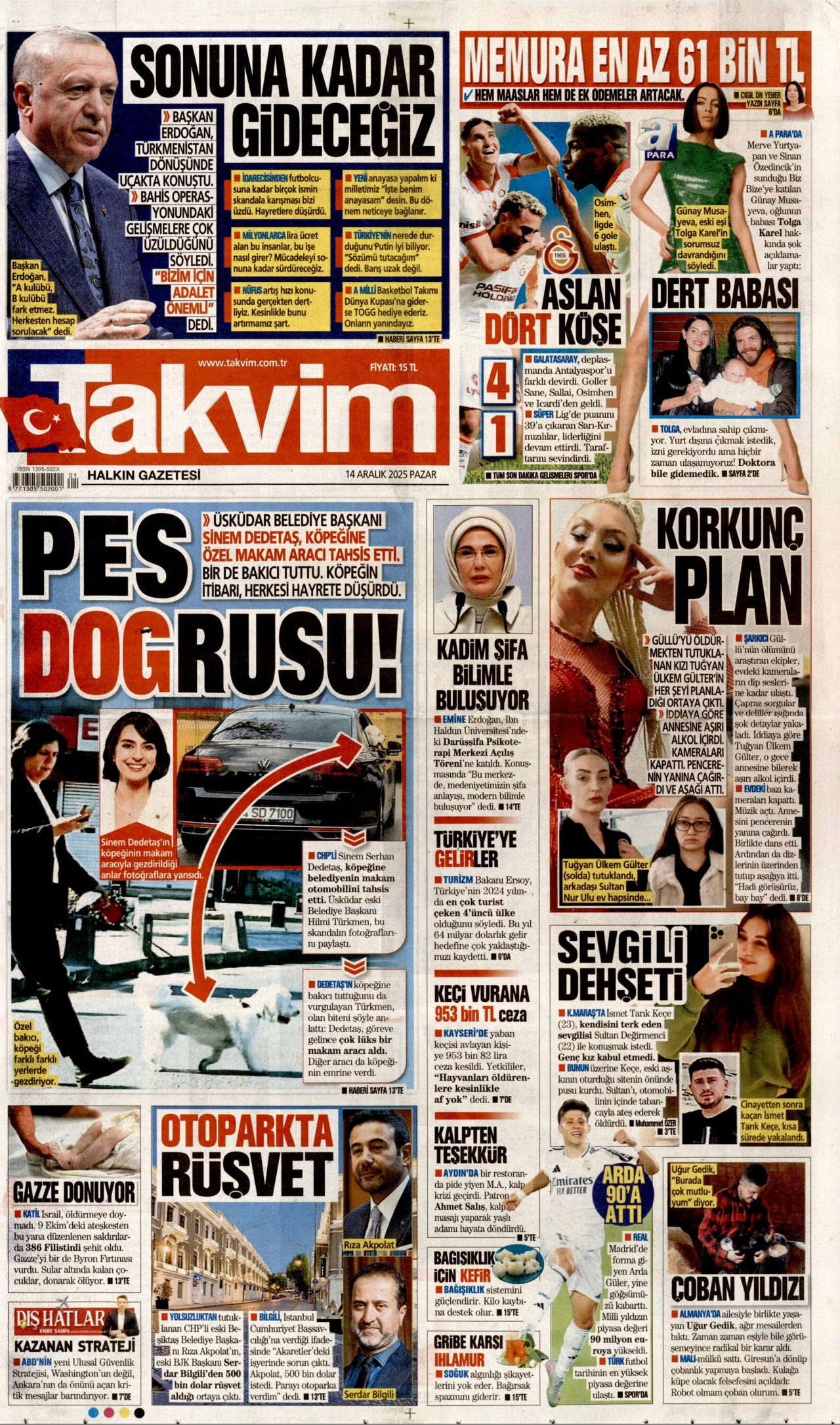 TAKVİM gazetesinin 14 Aralık 2025 tarihli birinci sayfası