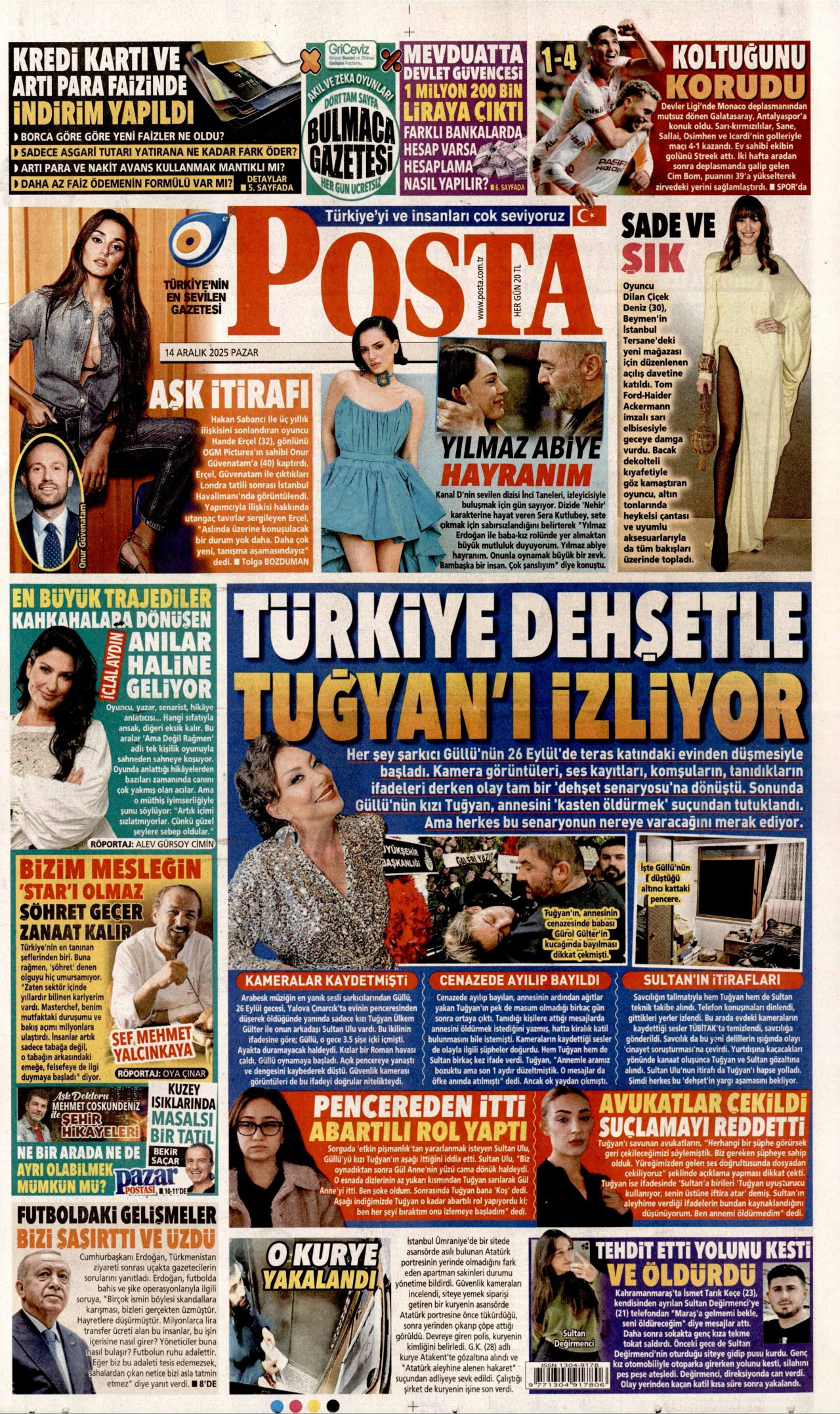 POSTA gazetesinin 14 Aralık 2025 tarihli birinci sayfası