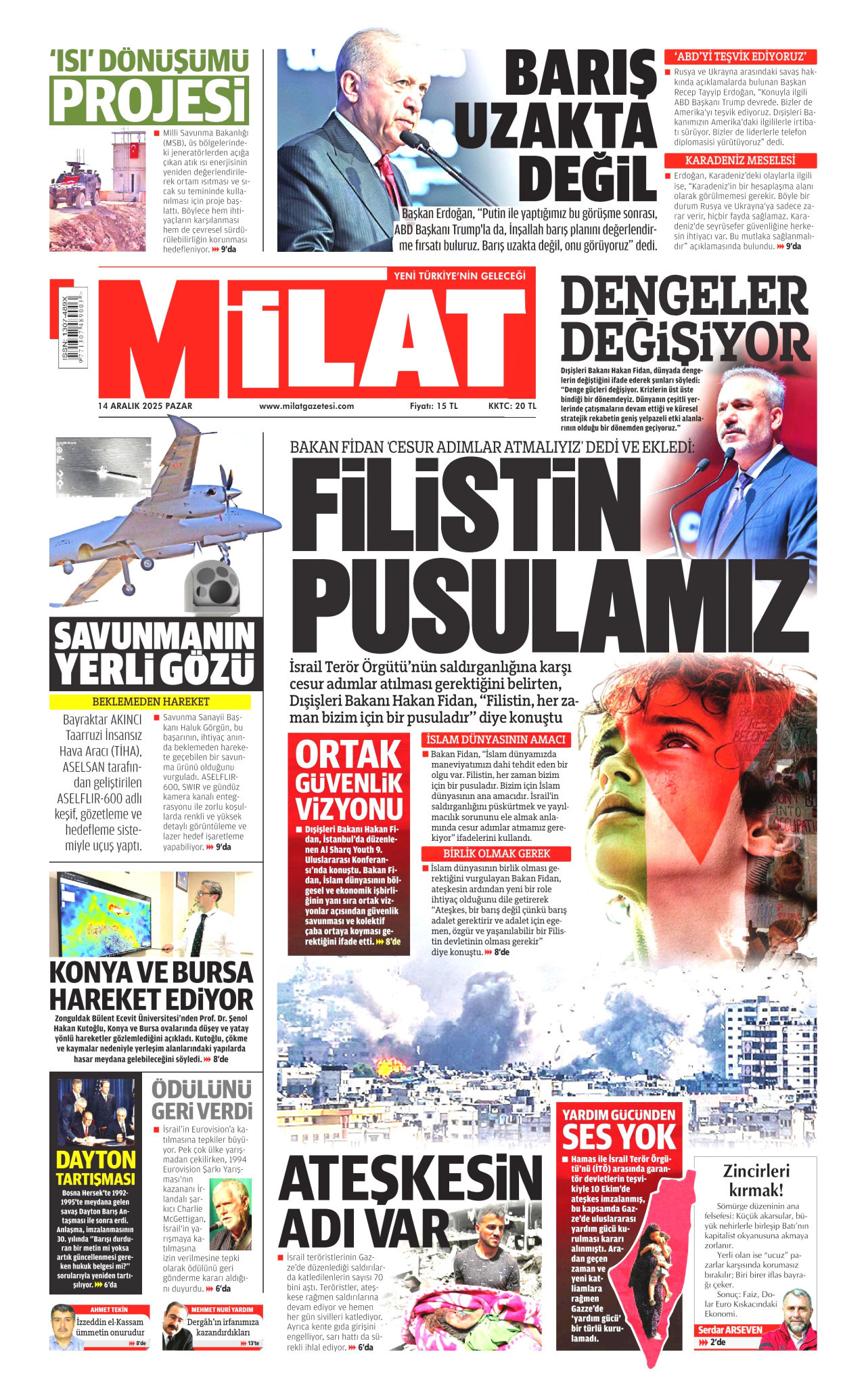 MİLAT gazetesinin 14 Aralık 2025 tarihli birinci sayfası