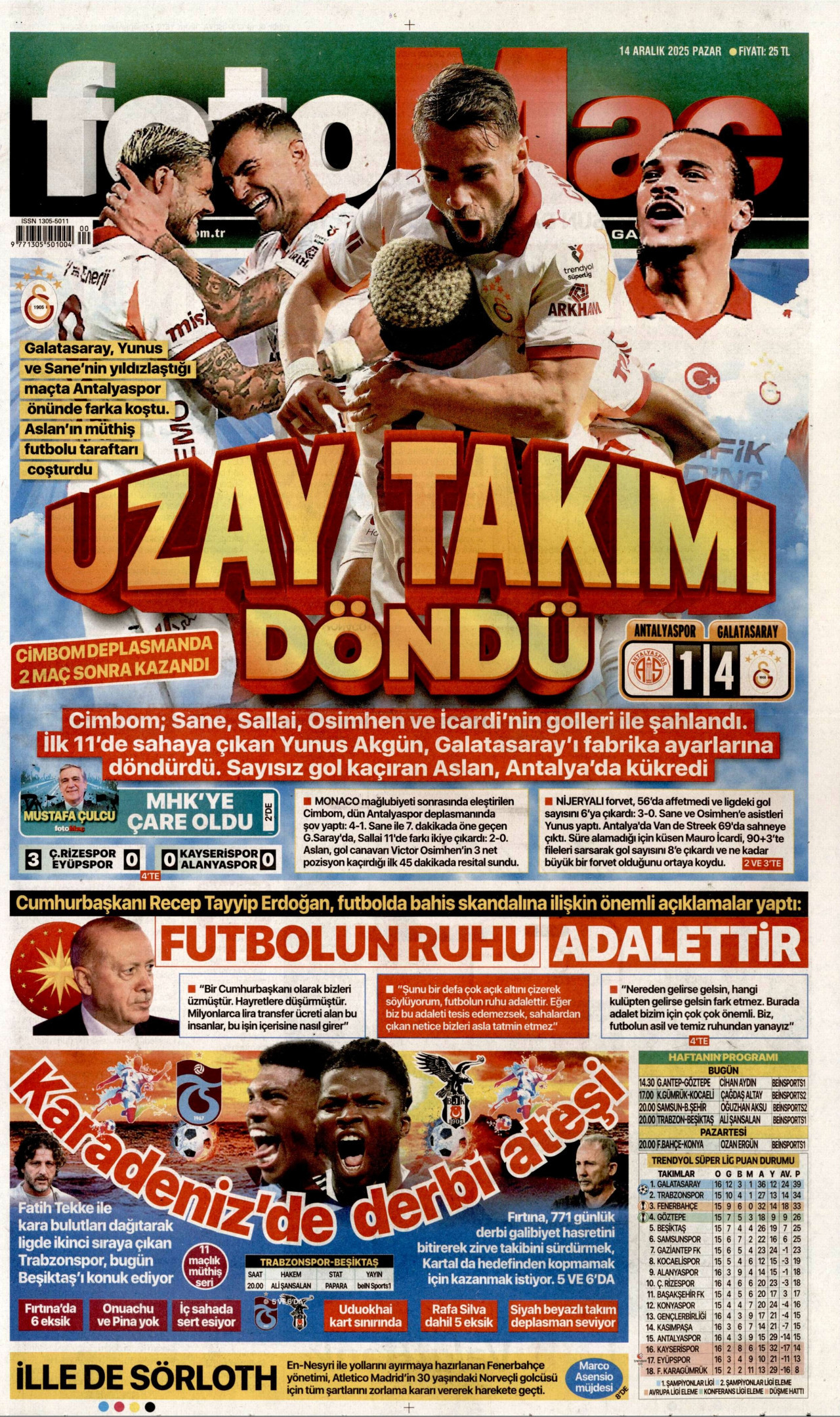 FOTOMAÇ gazetesinin 14 Aralık 2025 tarihli birinci sayfası