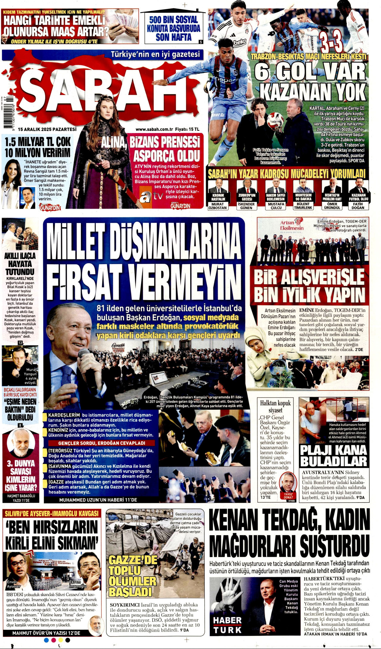 SABAH gazetesinin 15 Aralık 2025 tarihli birinci sayfası