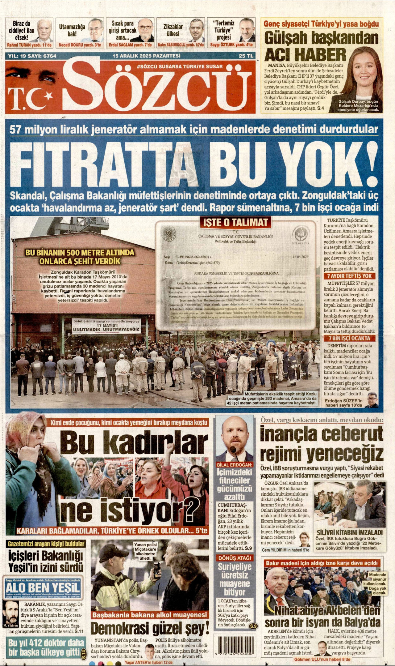 SÖZCÜ gazetesinin 15 Aralık 2025 tarihli birinci sayfası