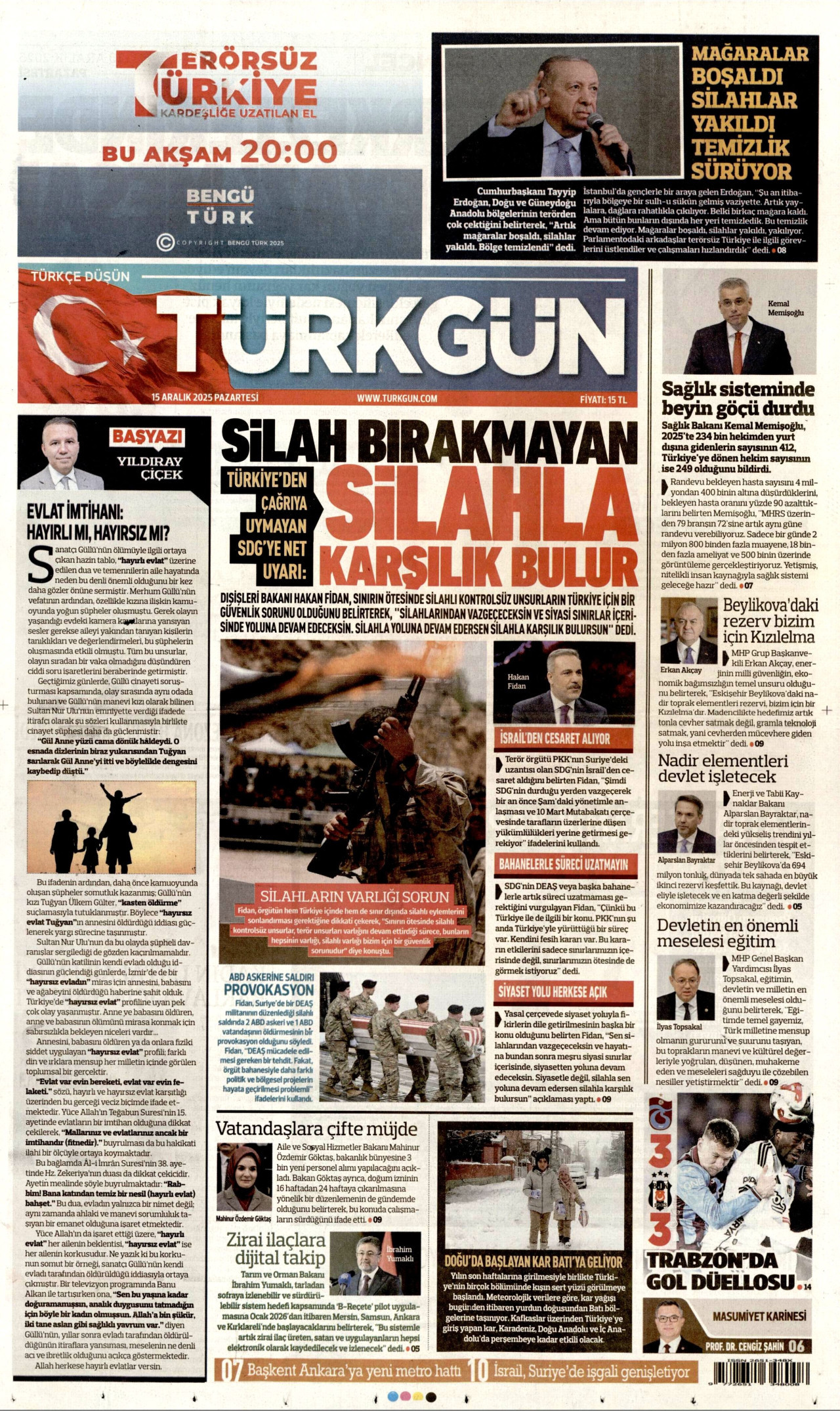 TÜRKGÜN gazetesinin 15 Aralık 2025 tarihli birinci sayfası