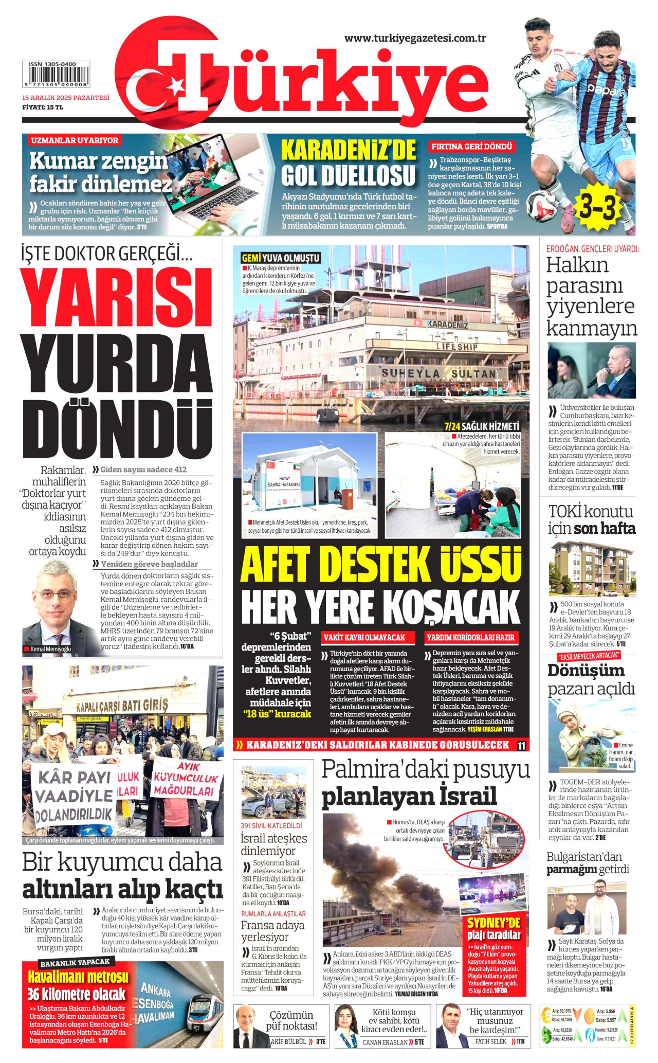 TÜRKİYE GAZETESİ gazetesinin 15 Aralık 2025 tarihli birinci sayfası