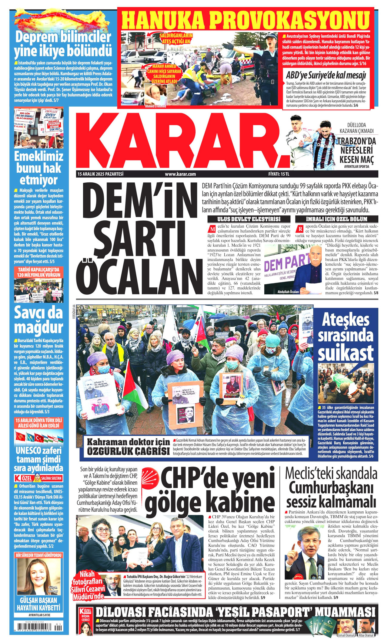KARAR gazetesinin 15 Aralık 2025 tarihli birinci sayfası