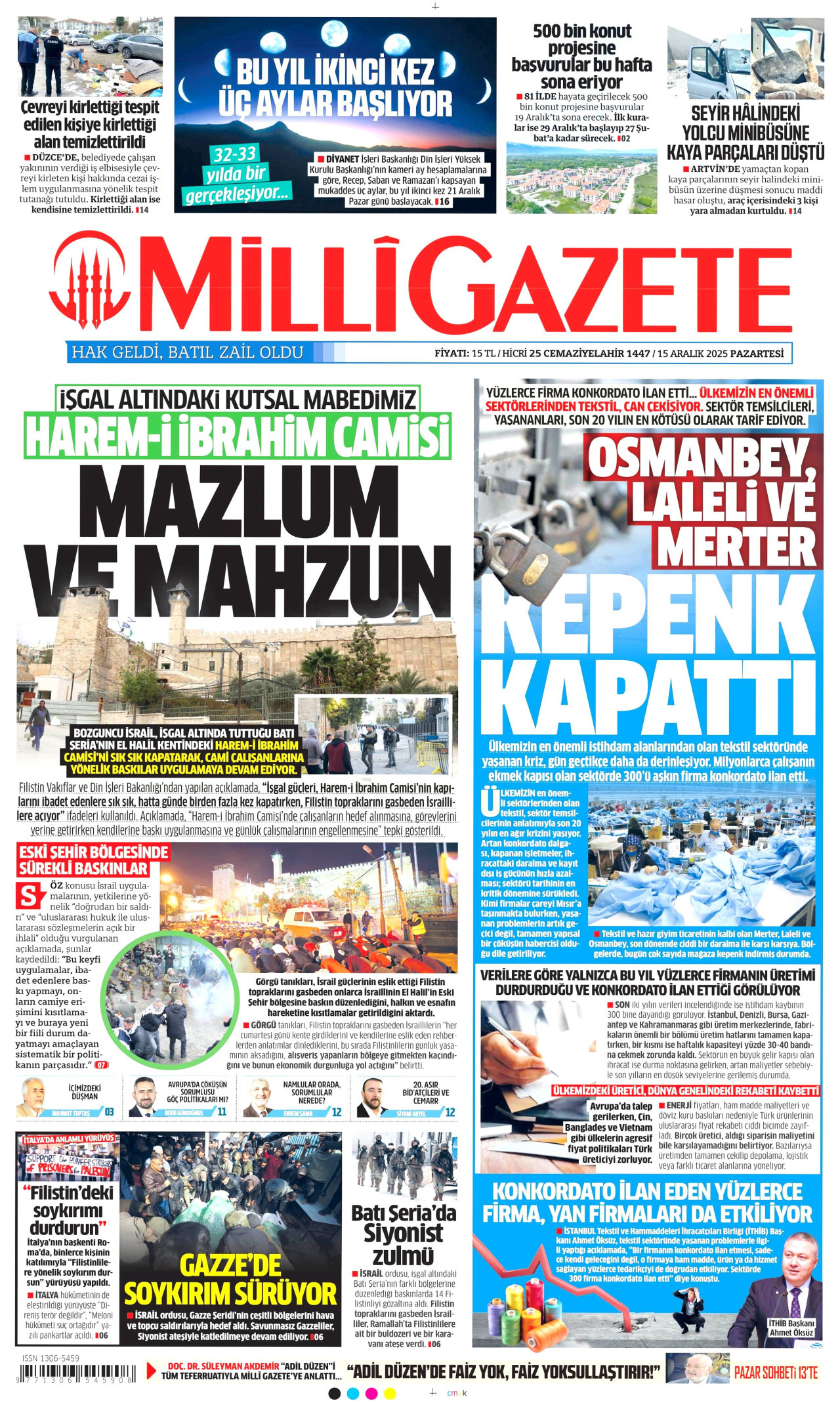 MİLLİ GAZETE gazetesinin 15 Aralık 2025 tarihli birinci sayfası
