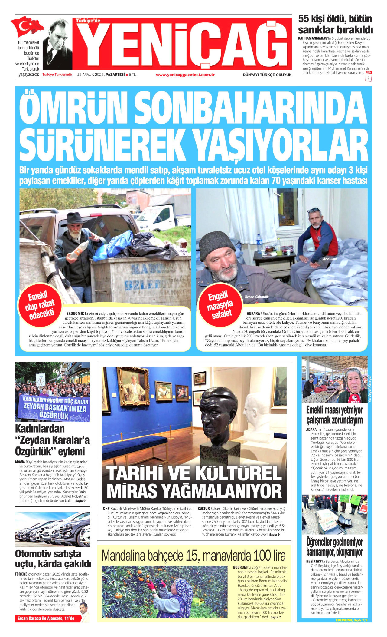 YENİÇAĞ gazetesinin 15 Aralık 2025 tarihli birinci sayfası