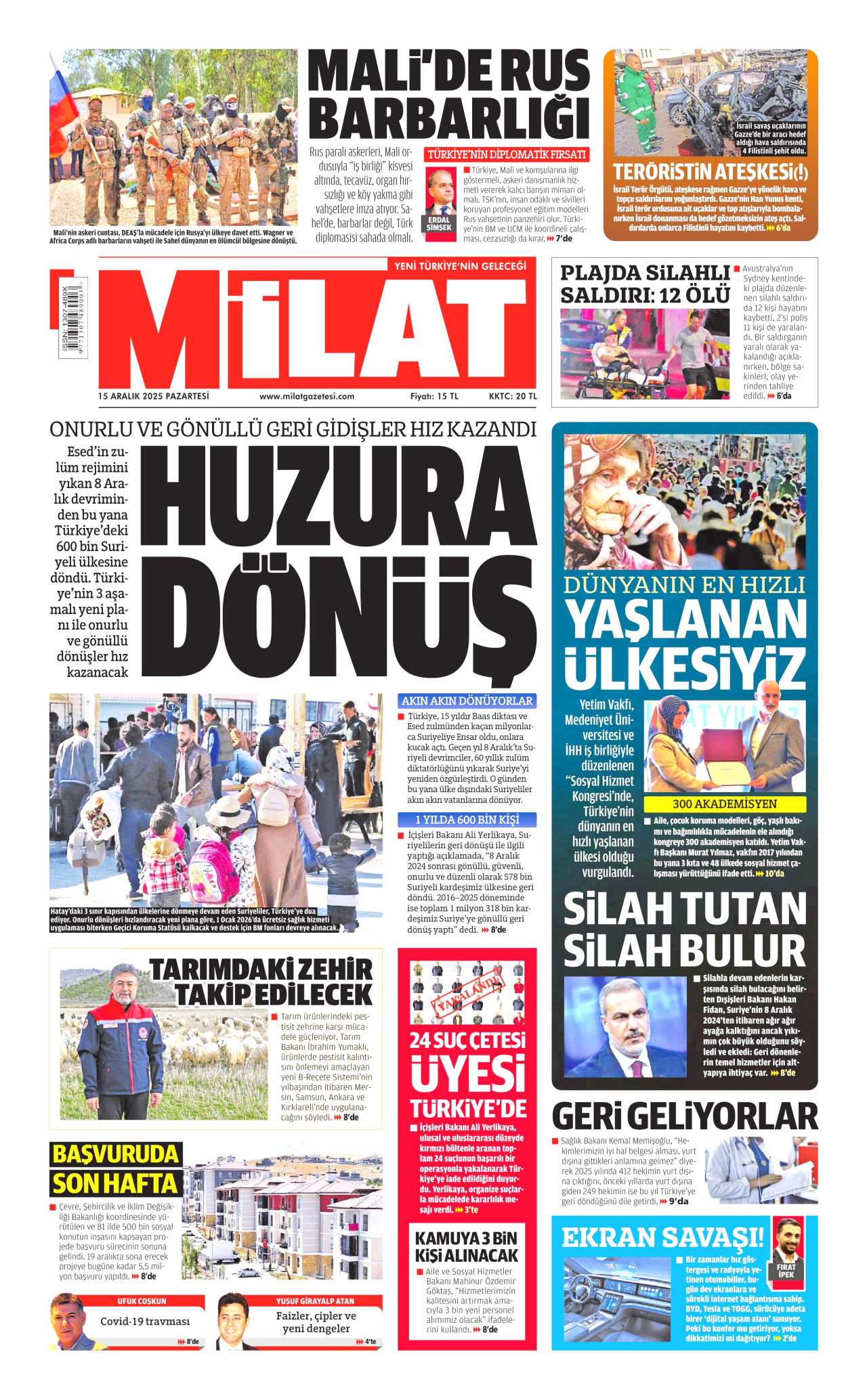MİLAT gazetesinin 15 Aralık 2025 tarihli birinci sayfası