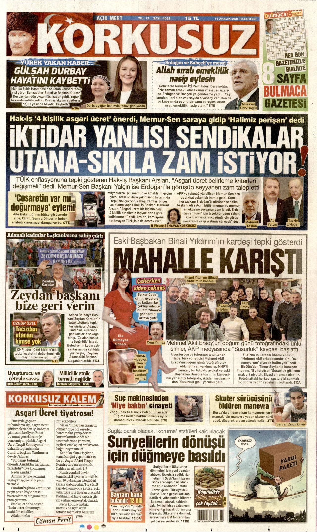 KORKUSUZ gazetesinin 15 Aralık 2025 tarihli birinci sayfası