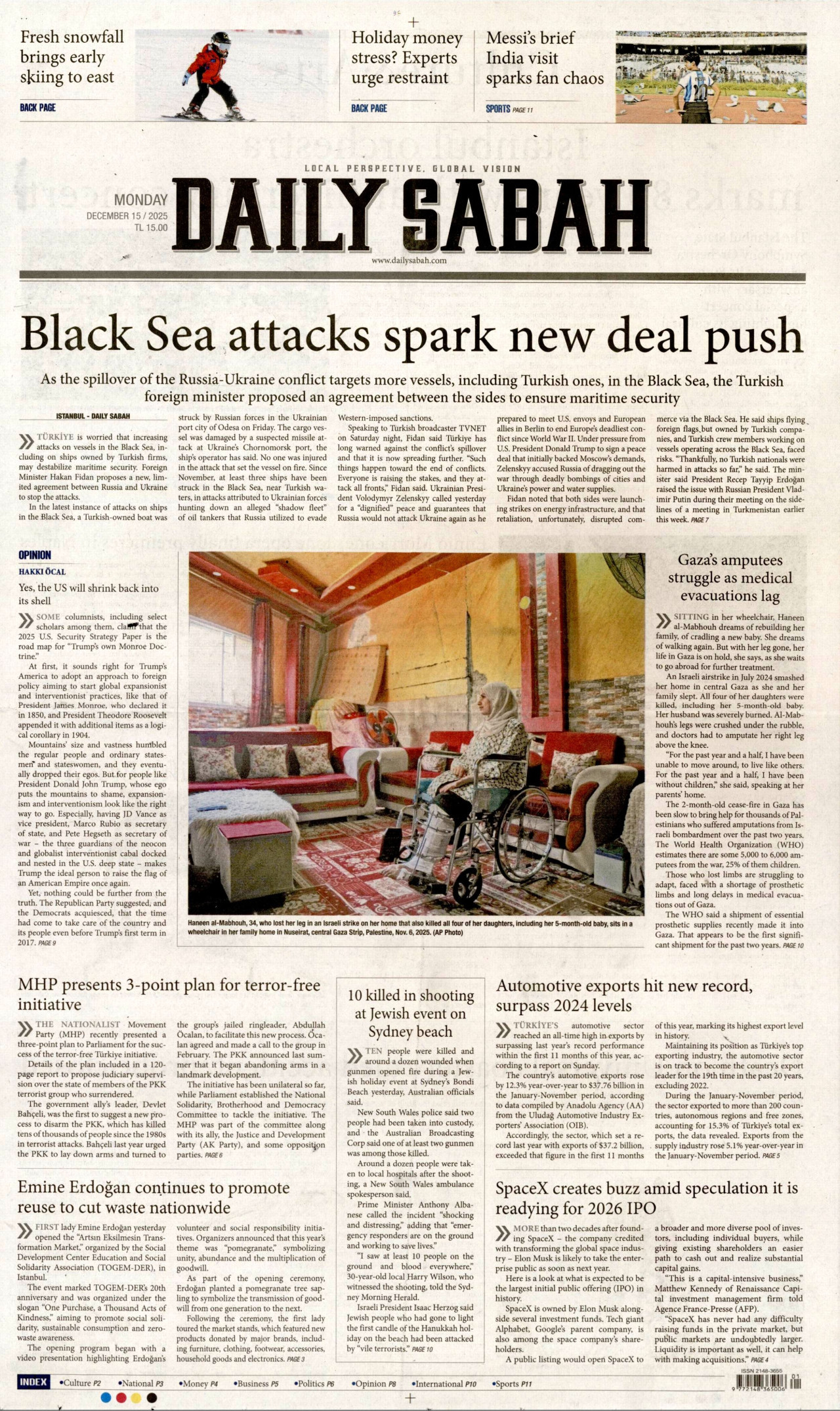 DAİLY SABAH gazetesinin 15 Aralık 2025 tarihli birinci sayfası