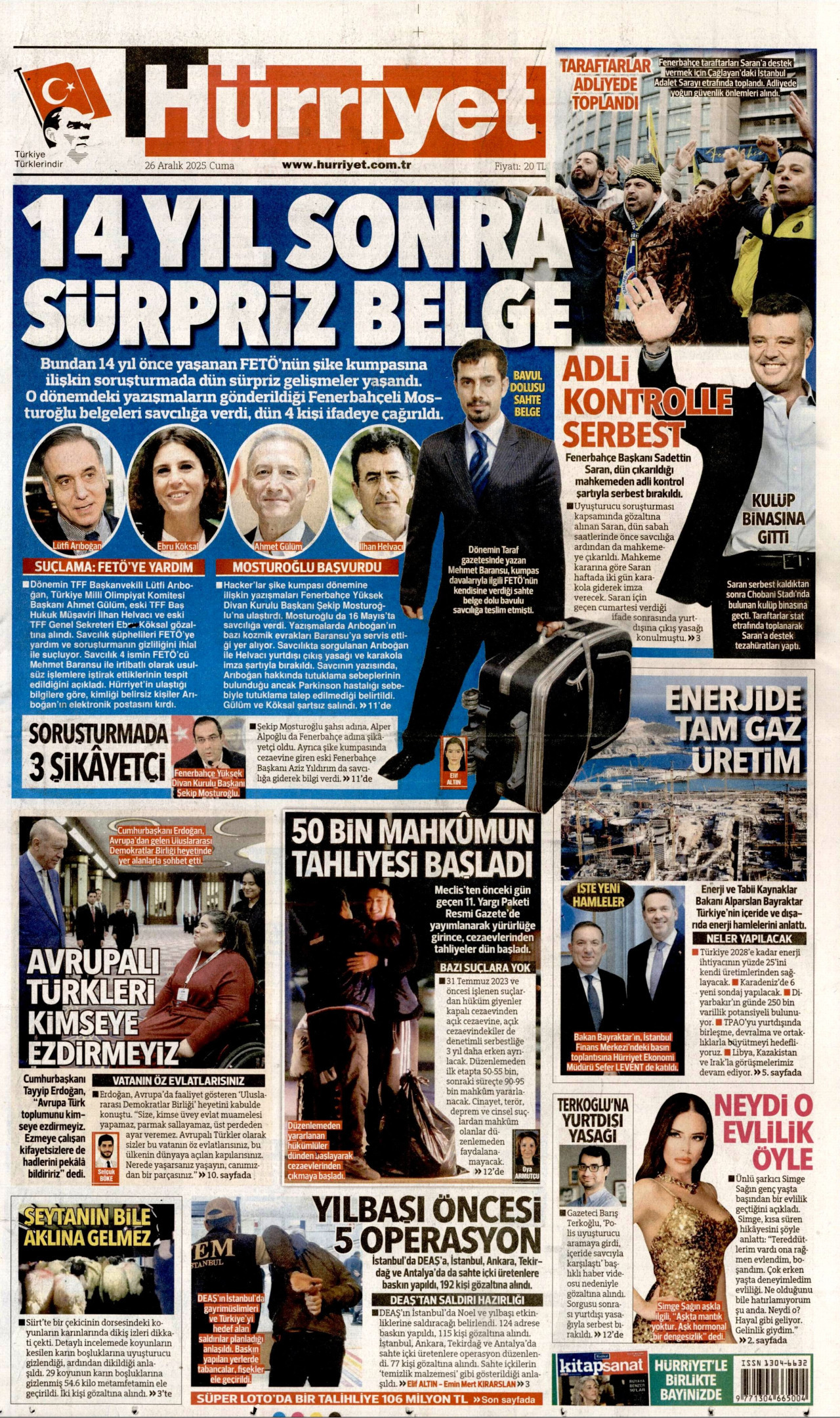 HÜRRİYET gazetesinin 26 Aralık 2025 tarihli birinci sayfası