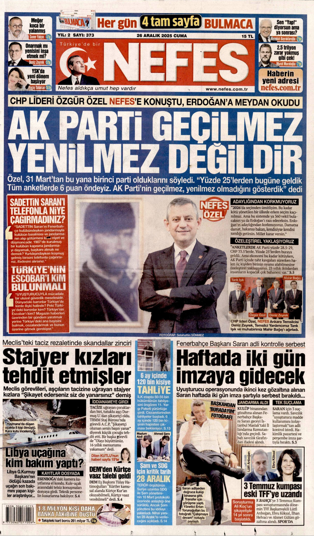NEFES gazetesinin 26 Aralık 2025 tarihli birinci sayfası