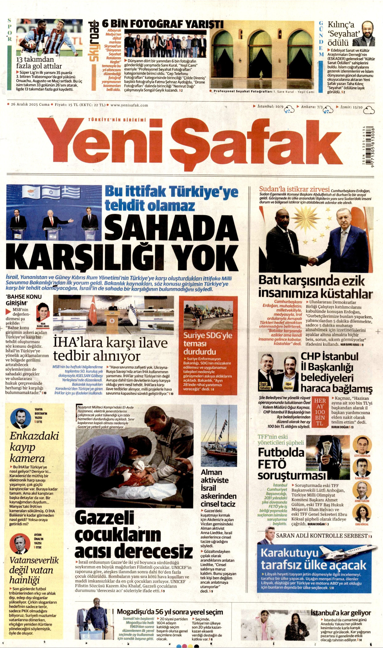 YENİ ŞAFAK gazetesinin 26 Aralık 2025 tarihli birinci sayfası