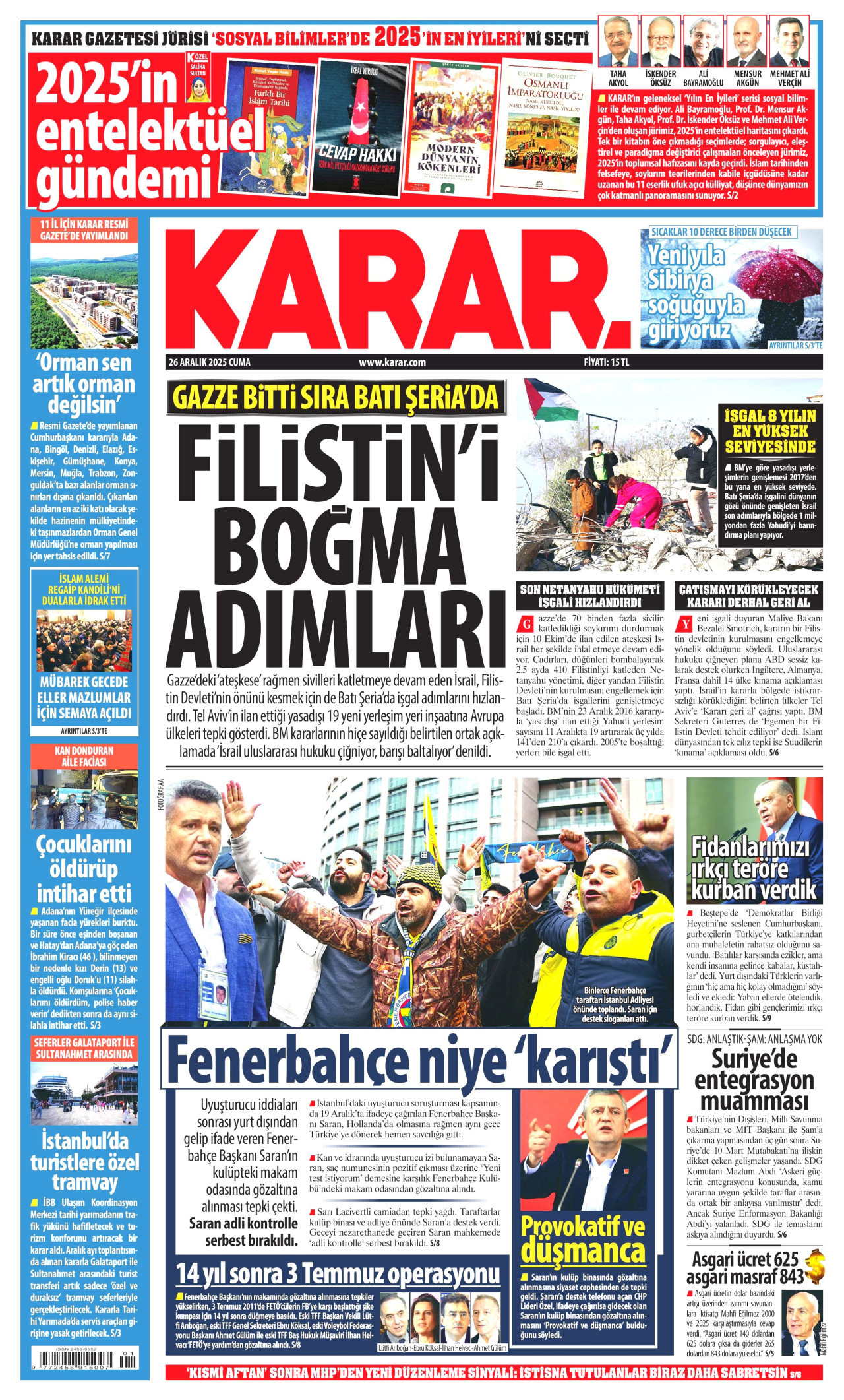 KARAR gazetesinin 26 Aralık 2025 tarihli birinci sayfası