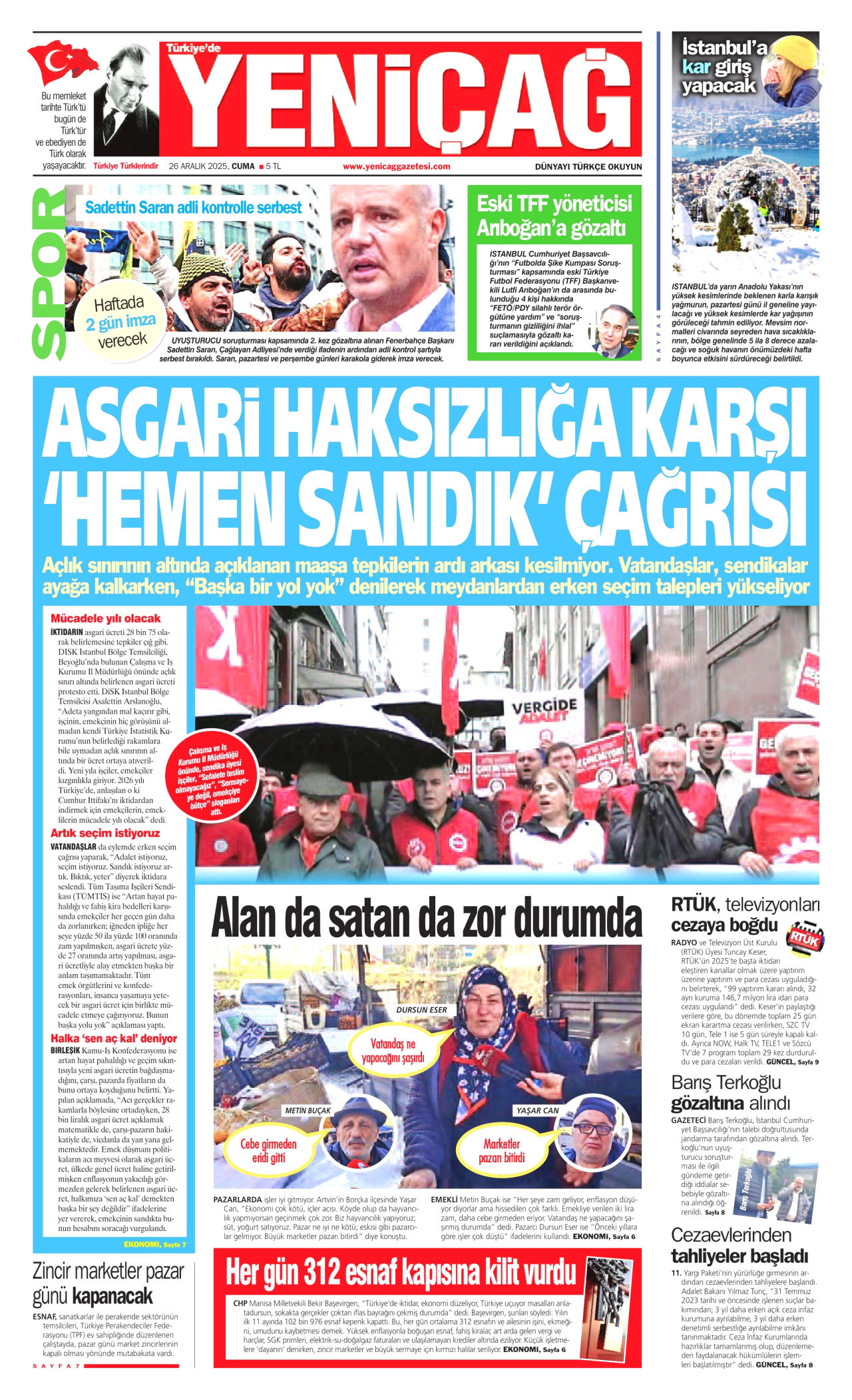 YENİÇAĞ gazetesinin 26 Aralık 2025 tarihli birinci sayfası