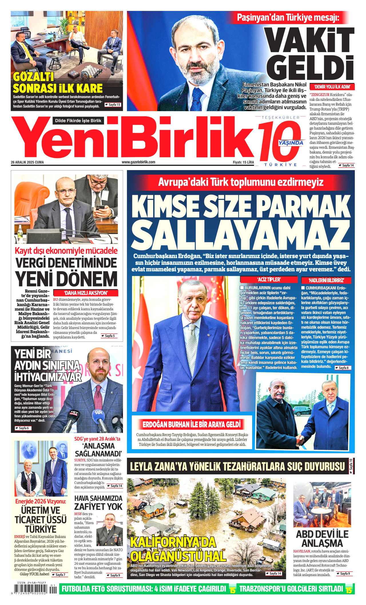 YENİBİRLİK gazetesinin 26 Aralık 2025 tarihli birinci sayfası