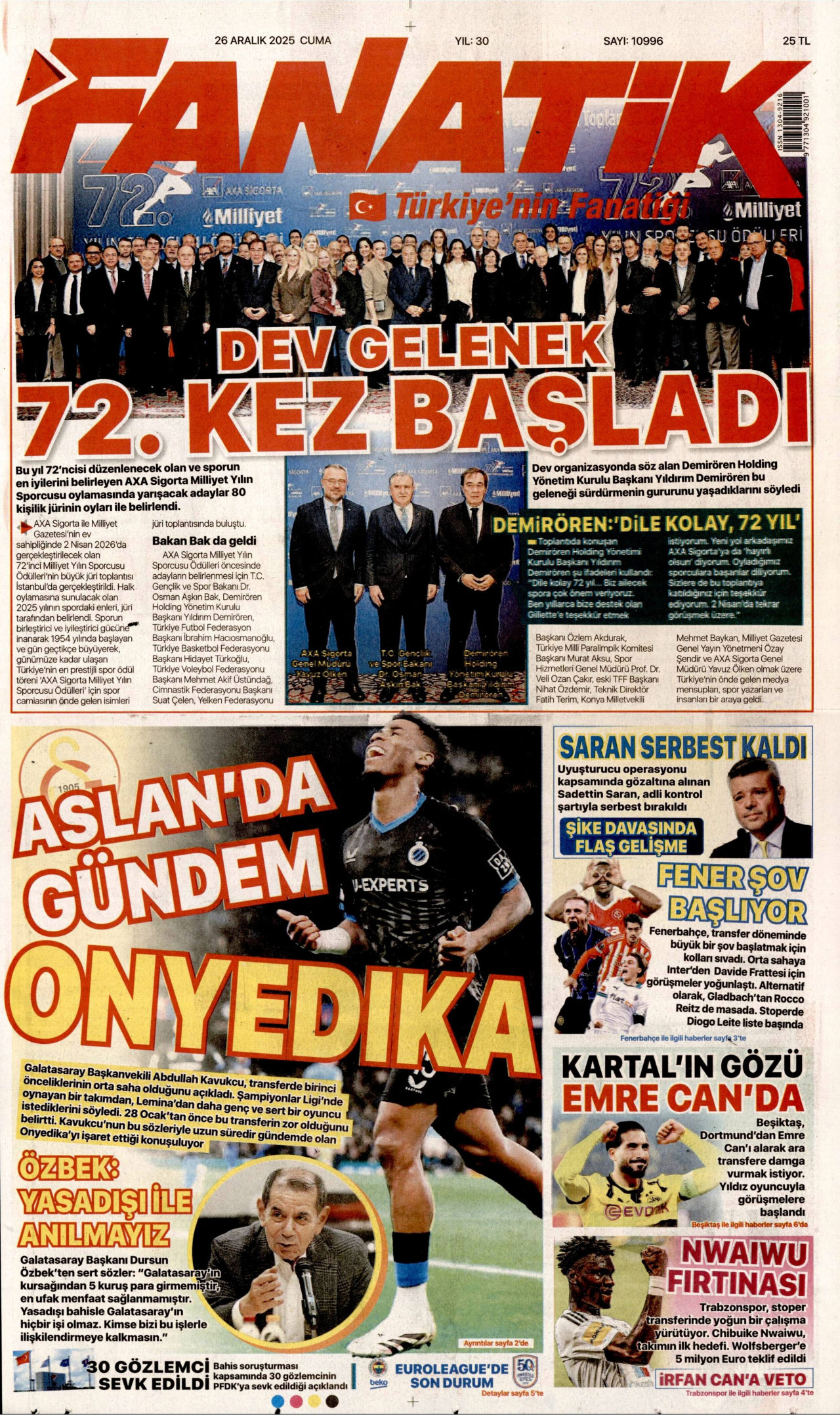 FANATİK gazetesinin 26 Aralık 2025 tarihli birinci sayfası