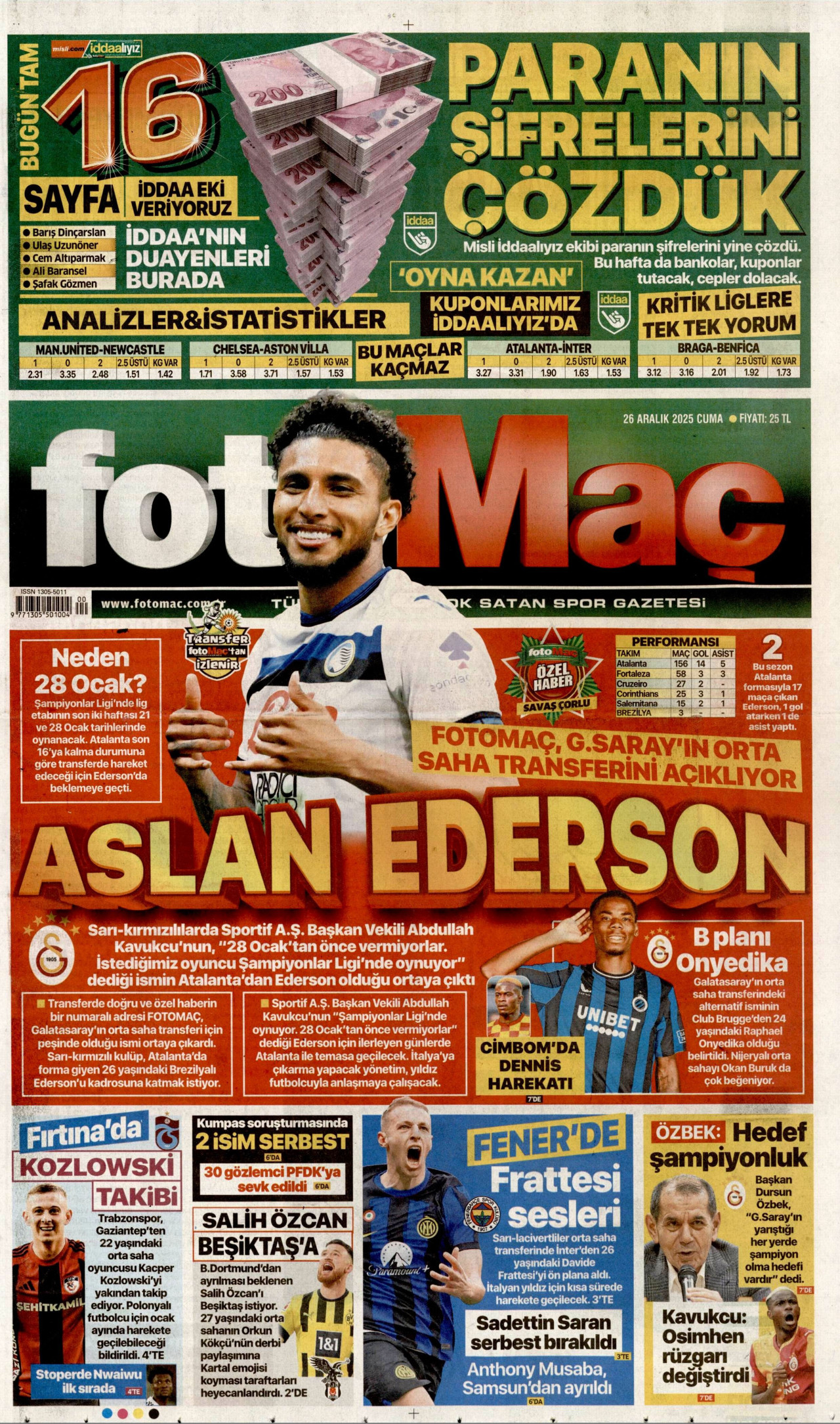 FOTOMAÇ gazetesinin 26 Aralık 2025 tarihli birinci sayfası