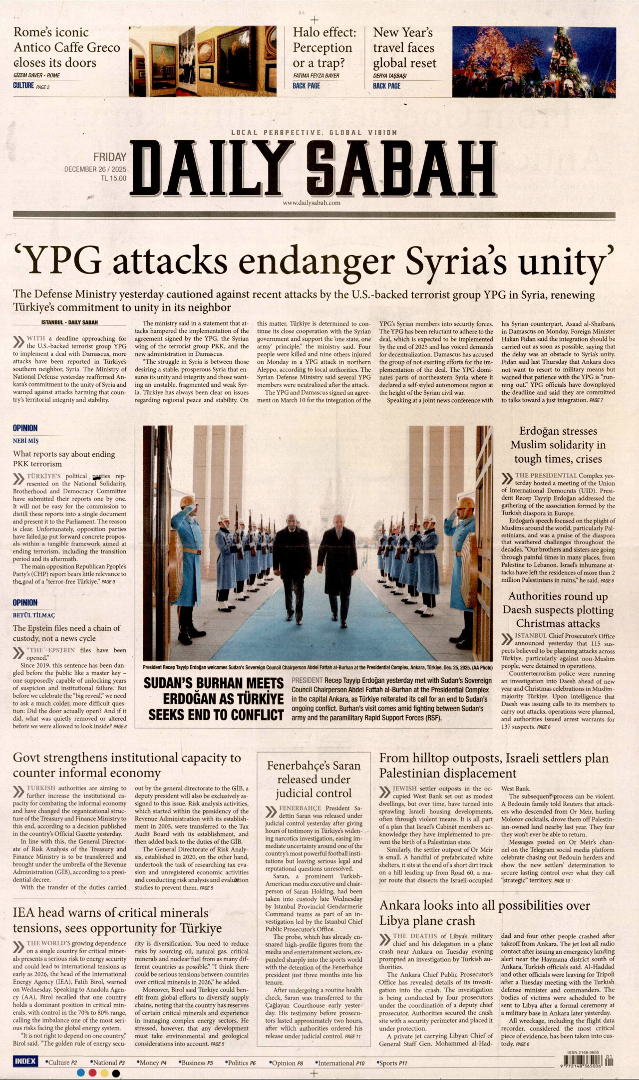 DAİLY SABAH gazetesinin 26 Aralık 2025 tarihli birinci sayfası