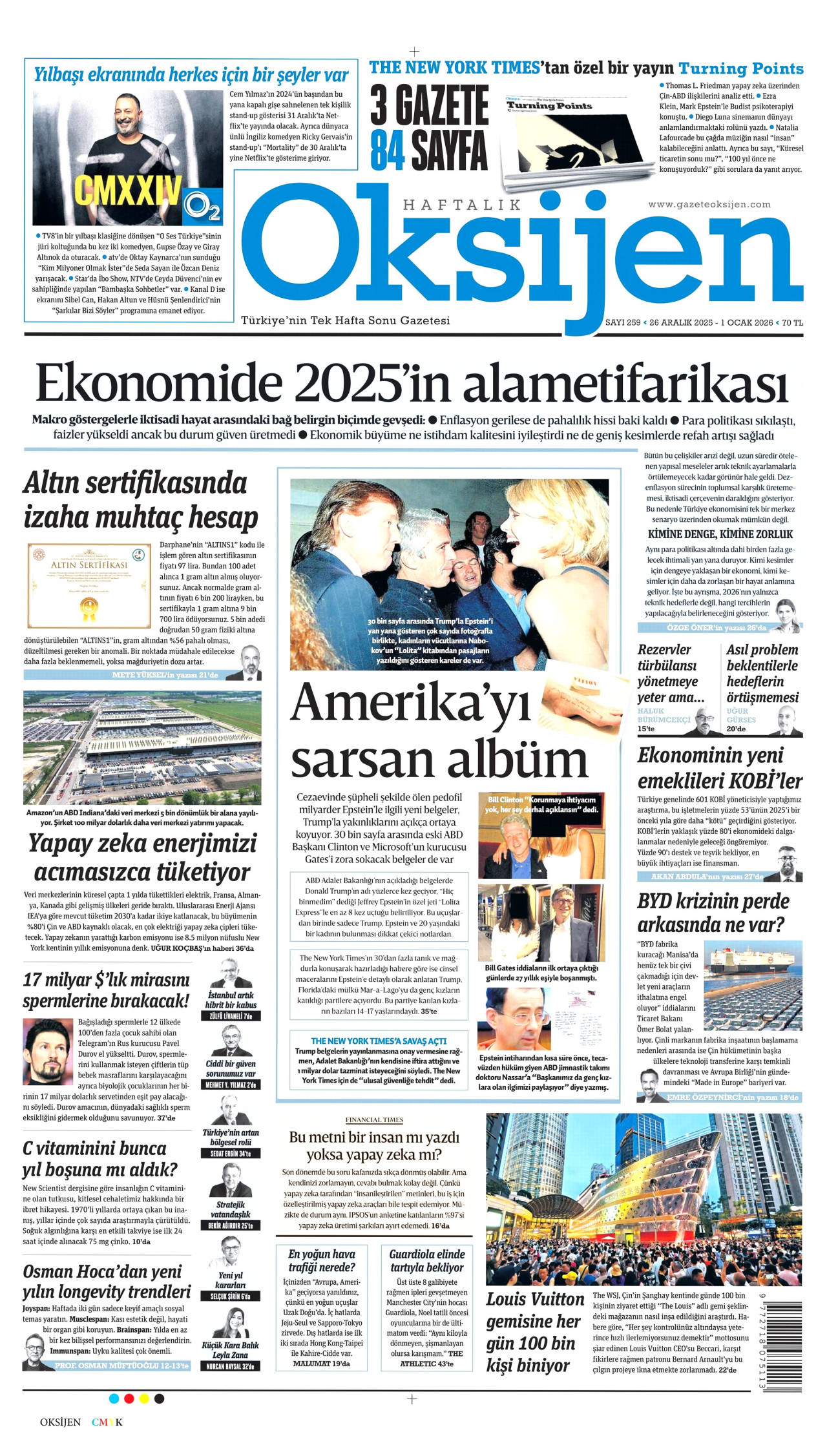 OKSİJEN gazetesinin 26 Aralık 2025 tarihli birinci sayfası