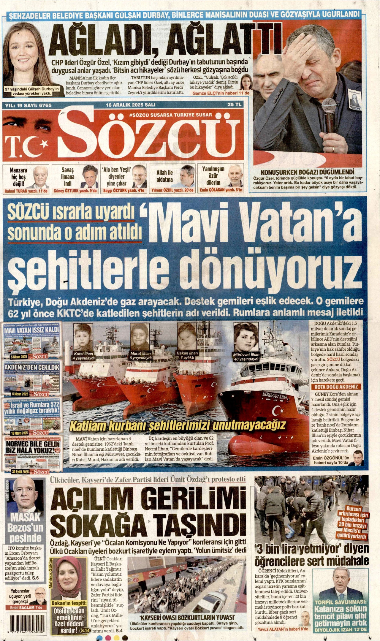 SÖZCÜ gazetesinin 16 Aralık 2025 tarihli birinci sayfası