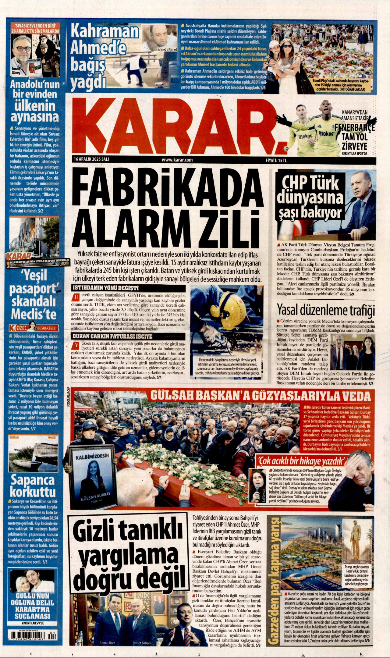 KARAR gazetesinin 16 Aralık 2025 tarihli birinci sayfası