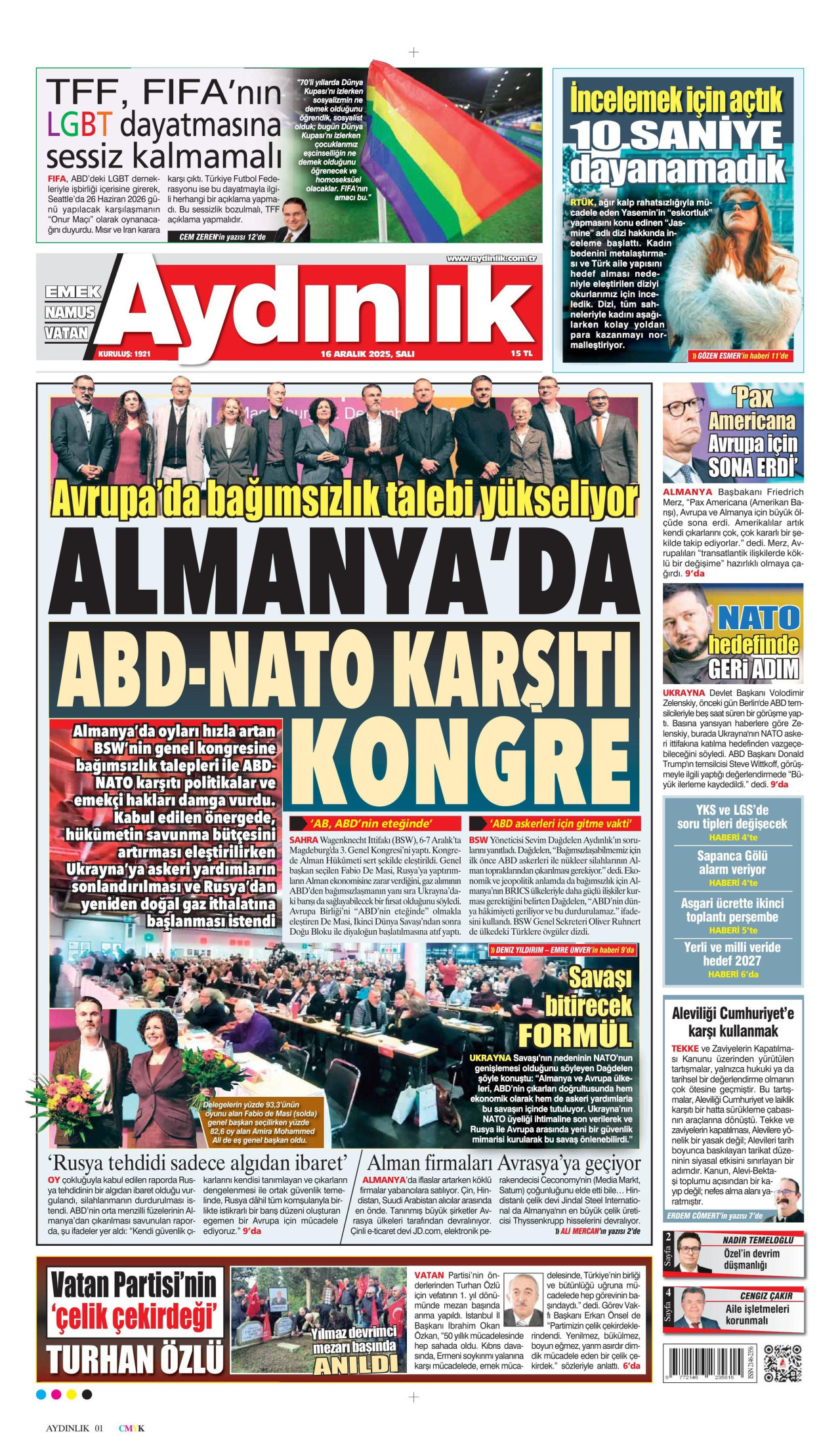 AYDINLIK GAZETESİ gazetesinin 16 Aralık 2025 tarihli birinci sayfası