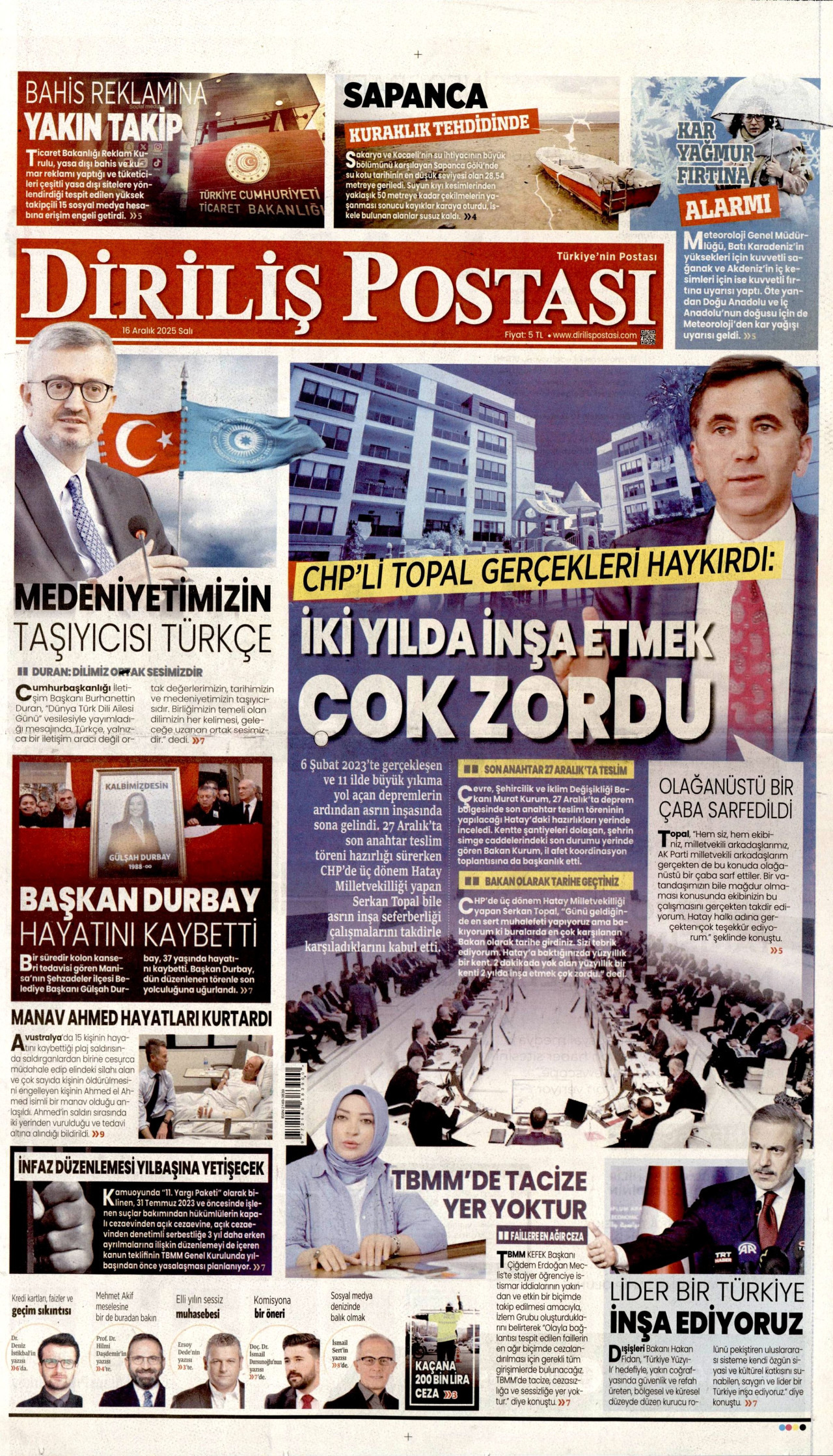 DİRİLİŞ POSTASI gazetesinin 16 Aralık 2025 tarihli birinci sayfası